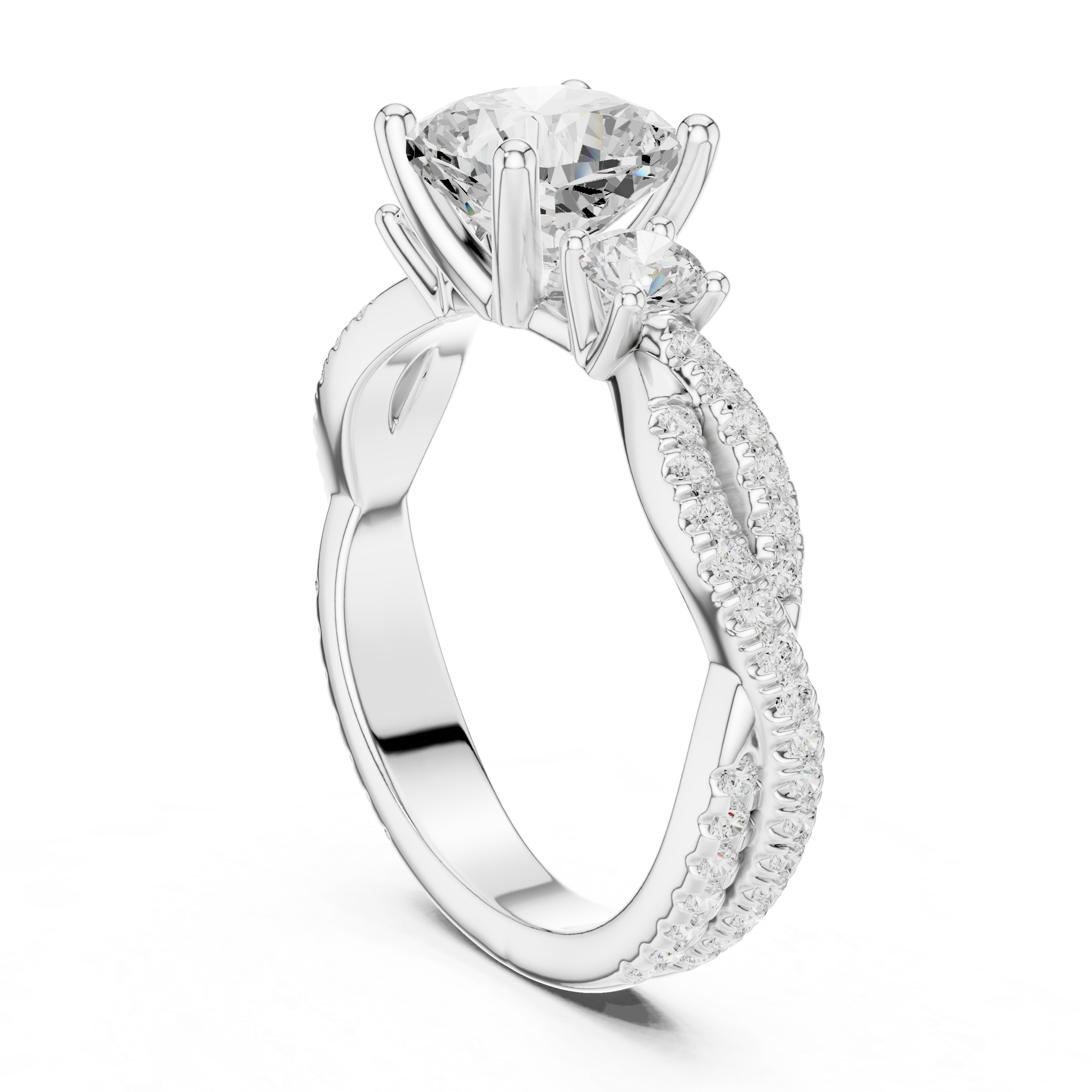 Cushion Cut Three Stone Twisted Pavé Diamond Engagement Ring