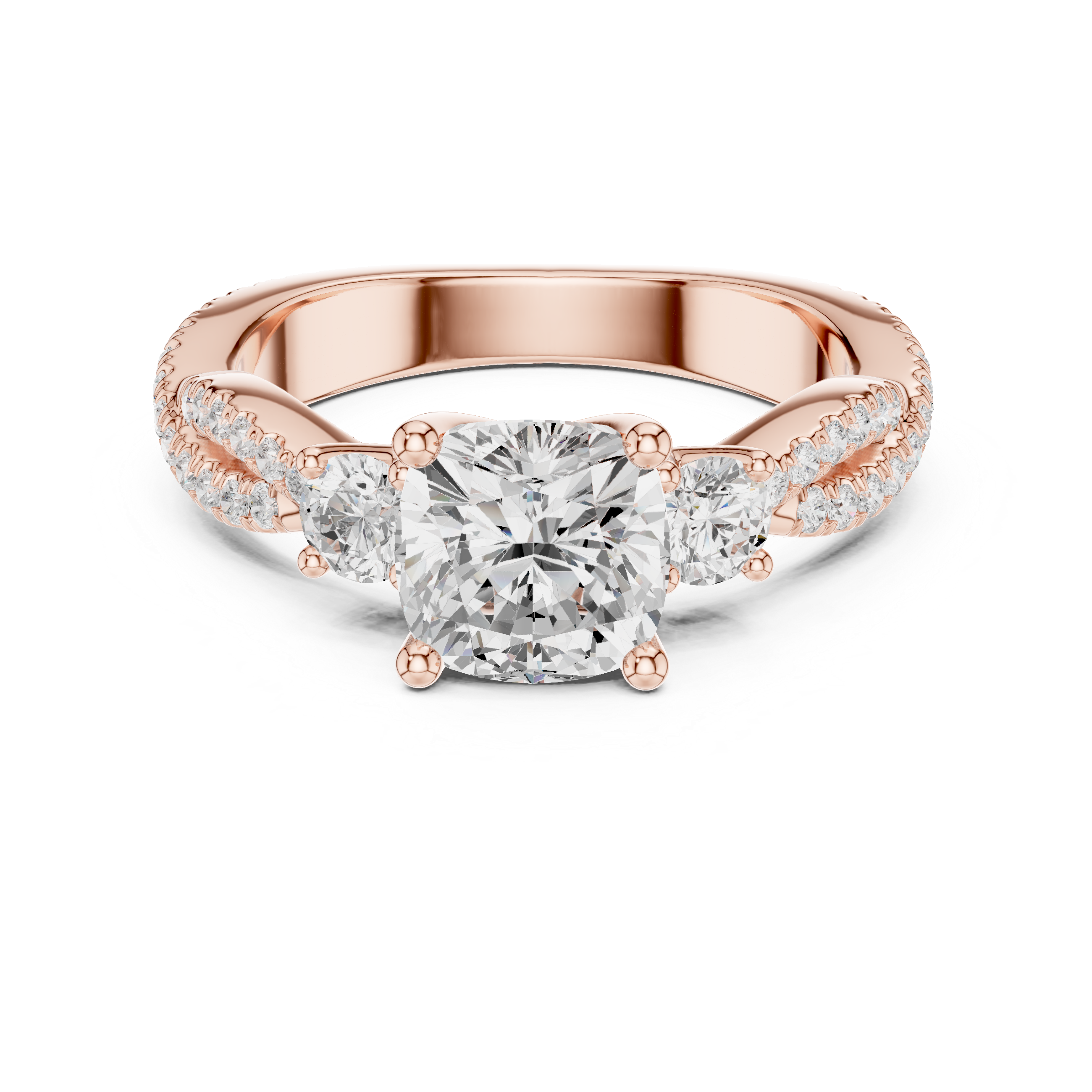 Cushion Cut Three Stone Twisted Pavé Diamond Engagement Ring