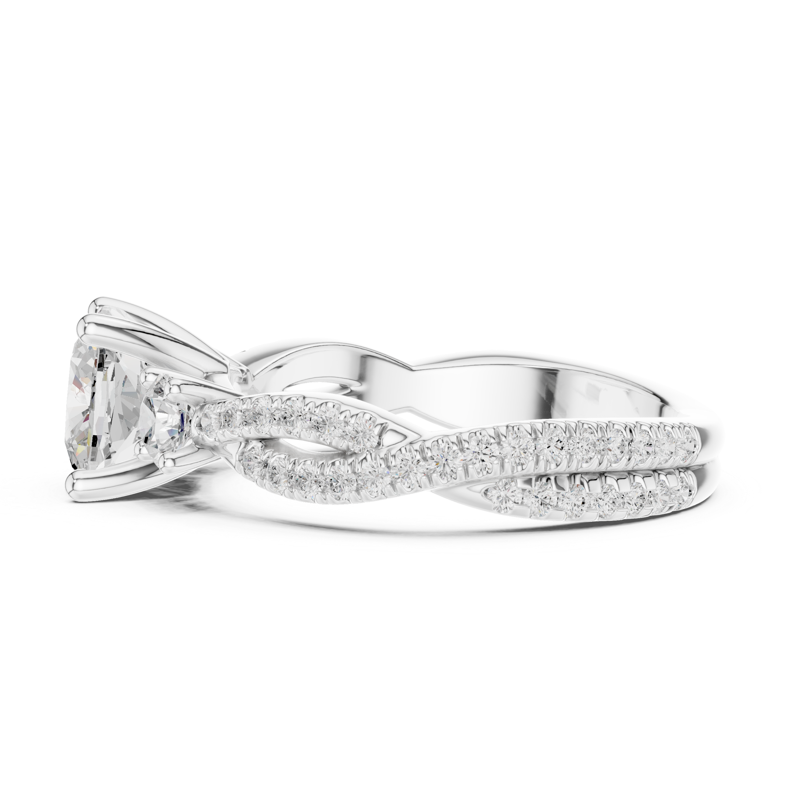 Cushion Cut Three Stone Twisted Pavé Diamond Engagement Ring