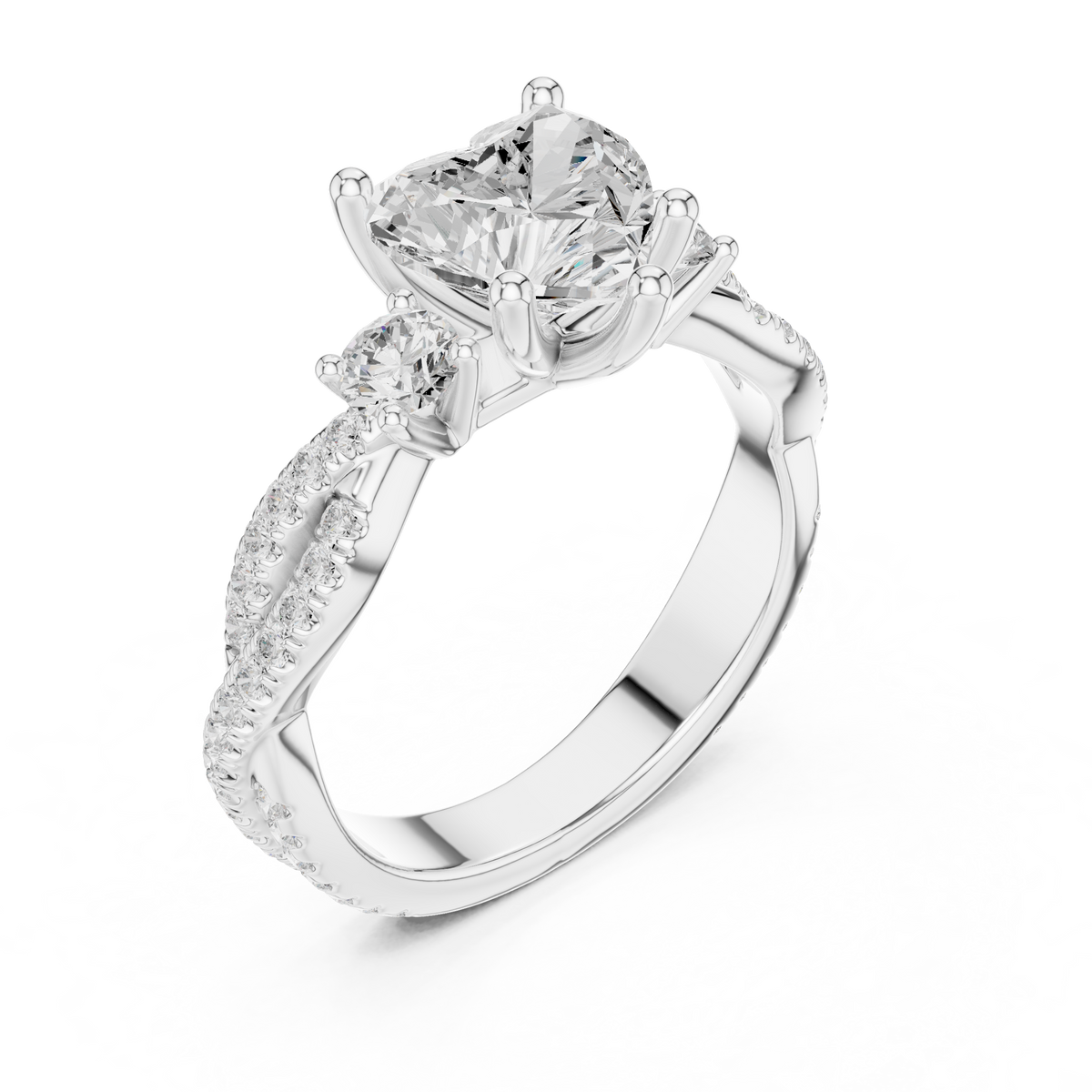 Heart Cut Three Stone Twisted Pavé Diamond Engagement Ring – view 3 of 12, lab grown diamond ring | Jewelix Atelier
