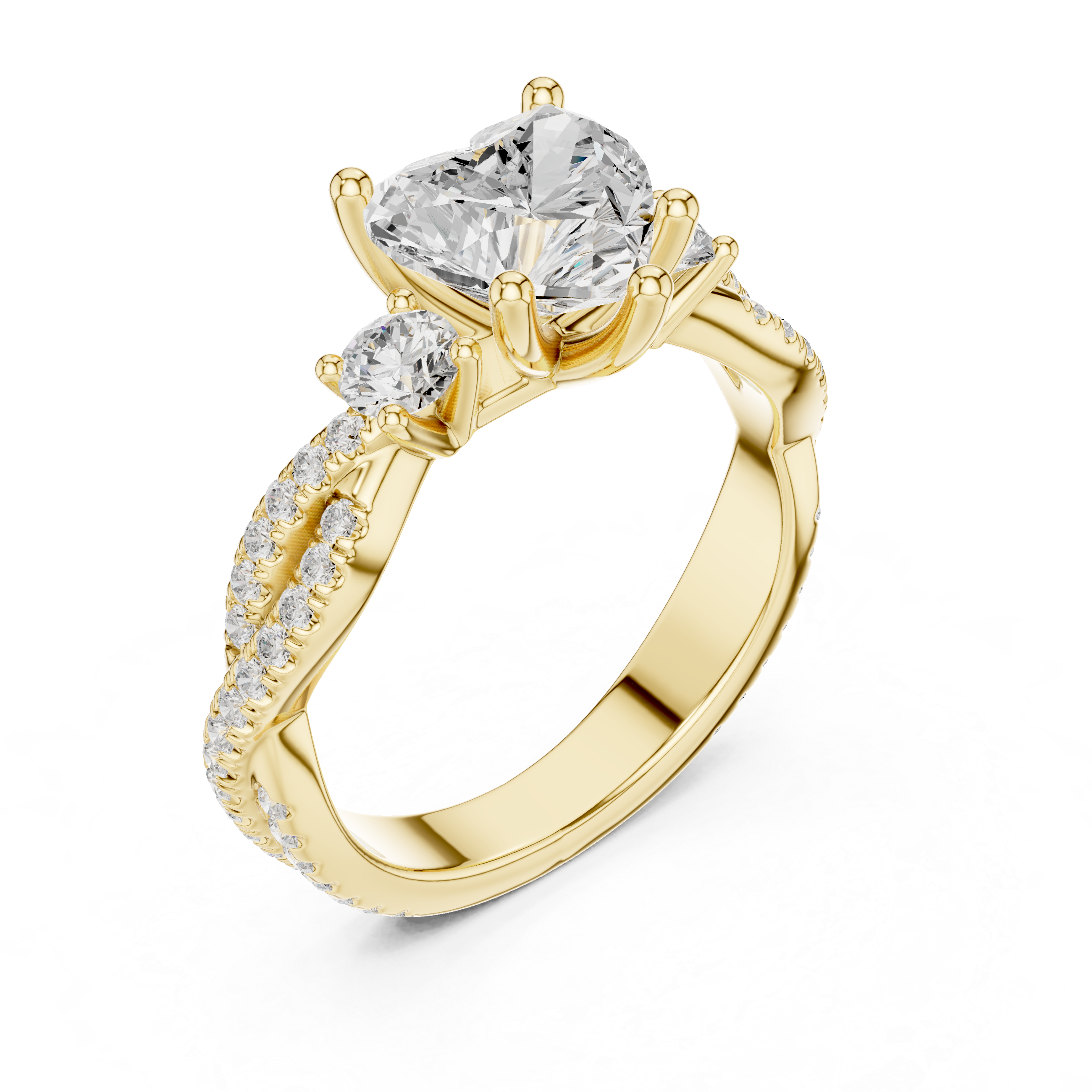 Heart Cut Three Stone Twisted Pavé Diamond Engagement Ring
