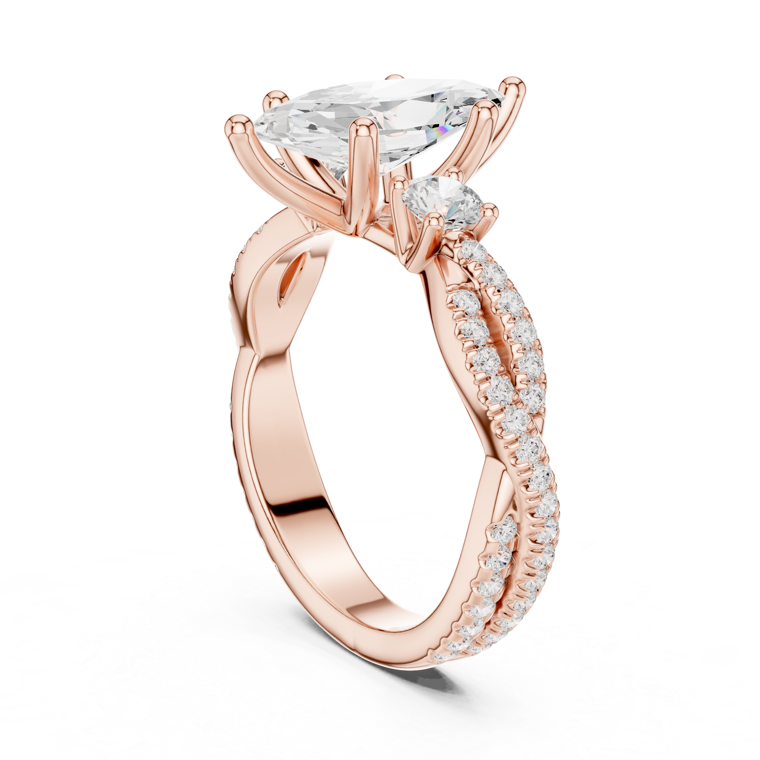Marquise Cut Three Stone Twisted Pavé Diamond Engagement Ring