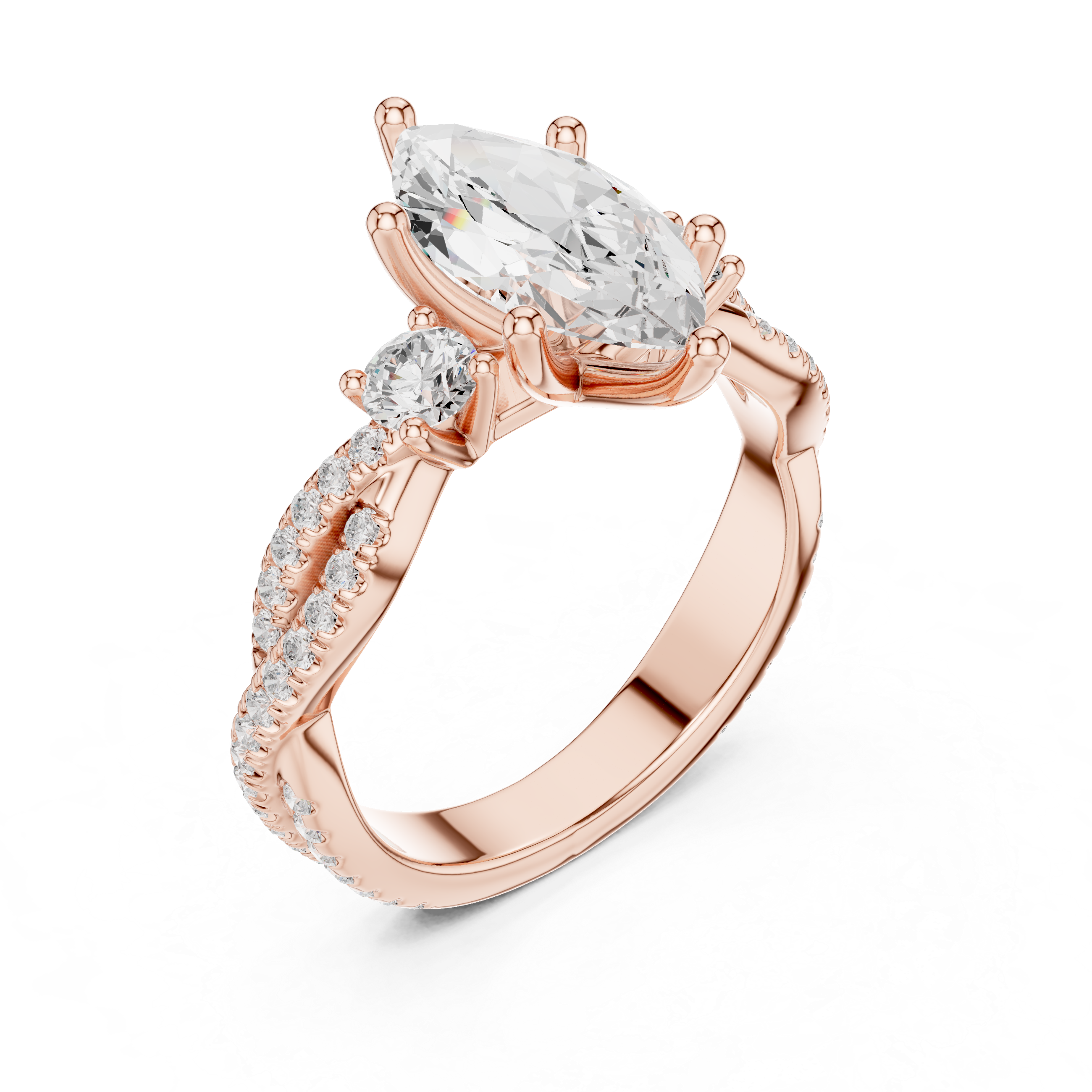 Marquise Cut Three Stone Twisted Pavé Diamond Engagement Ring