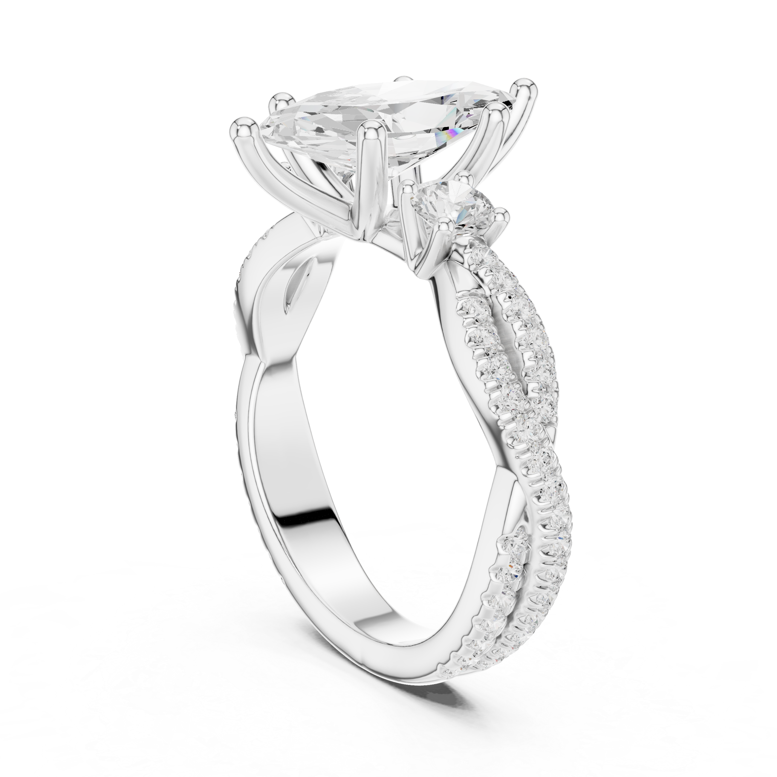 Marquise Cut Three Stone Twisted Pavé Diamond Engagement Ring