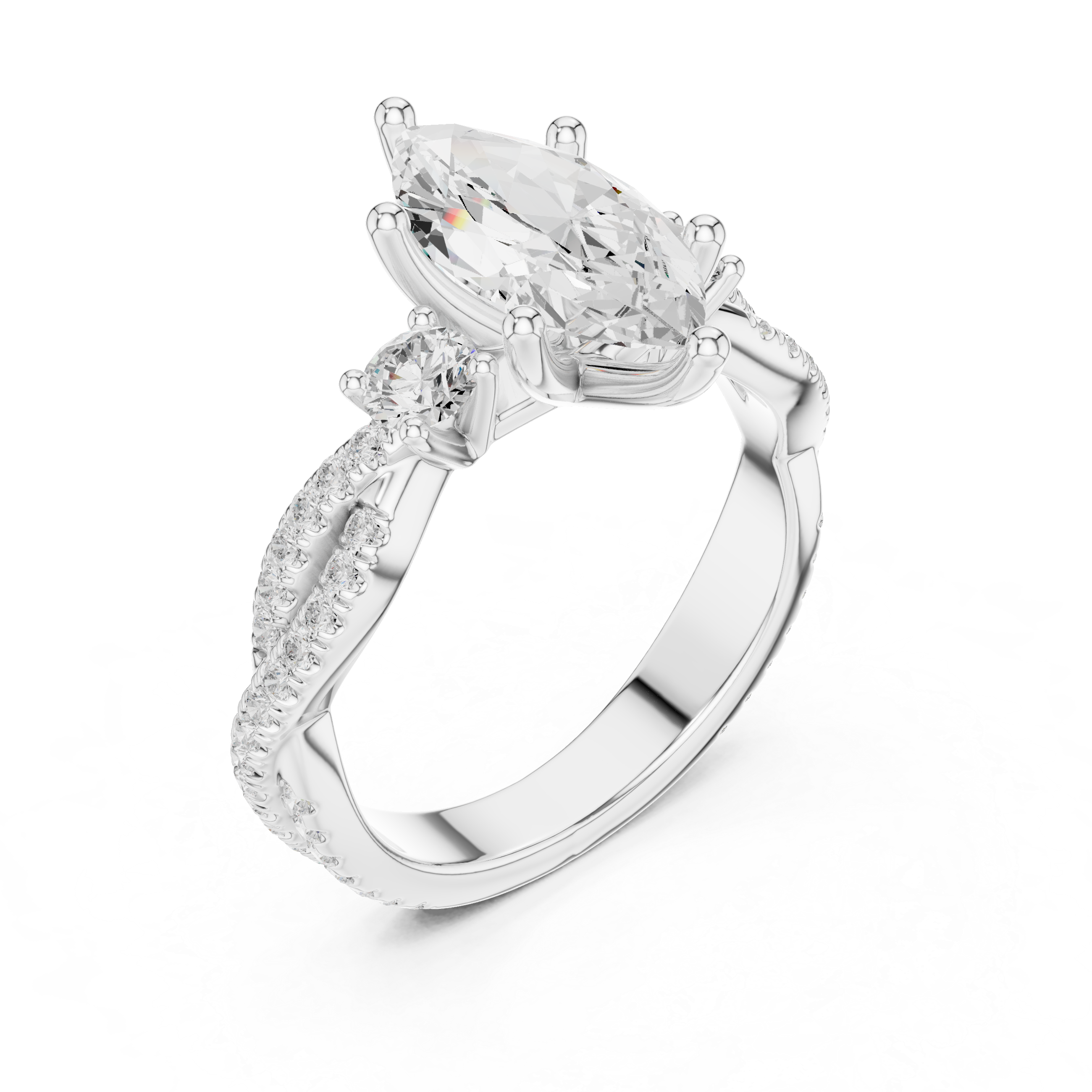 Marquise Cut Three Stone Twisted Pavé Diamond Engagement Ring