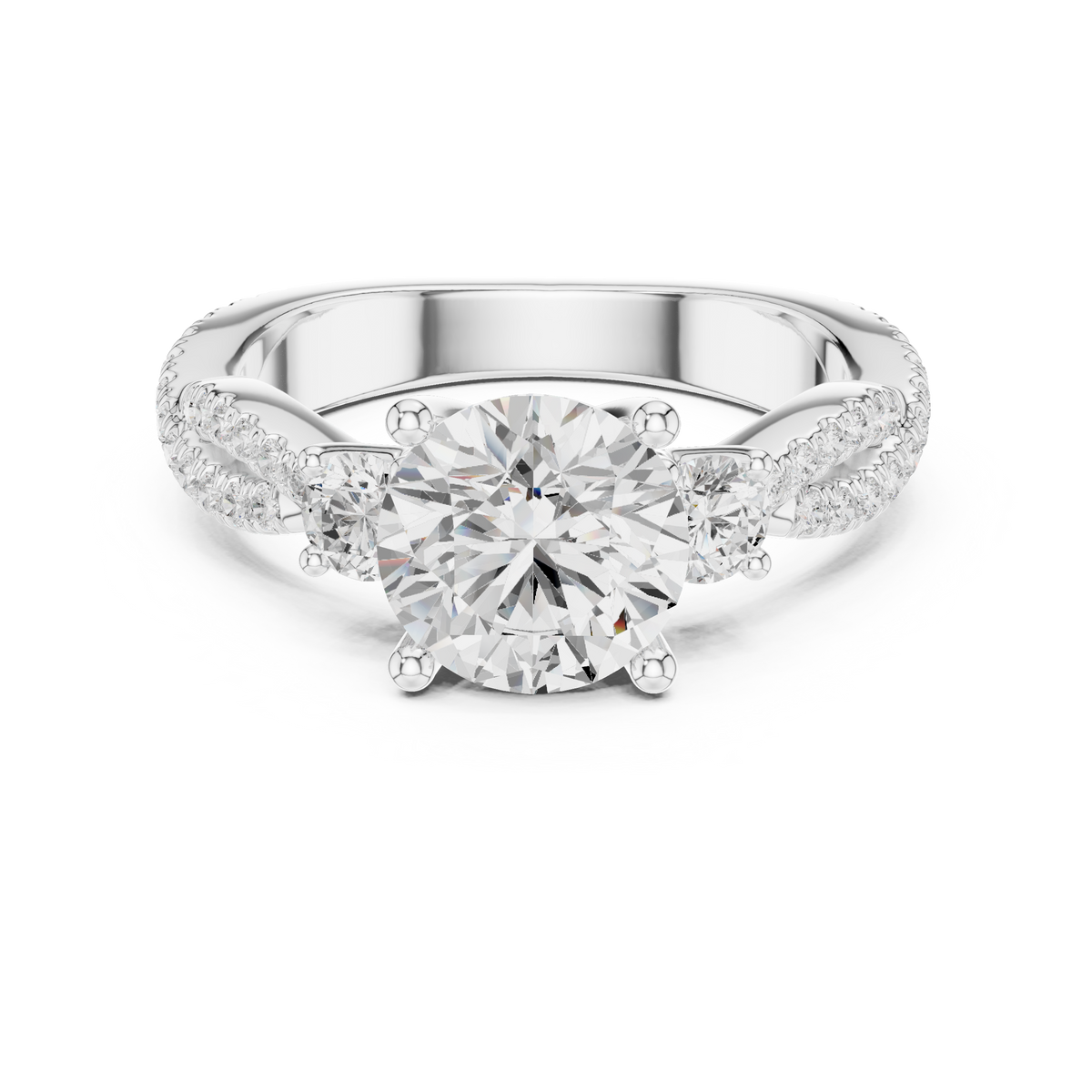 Round Cut Three Stone Twisted Pavé Diamond Engagement Ring — Jewelix Atelier