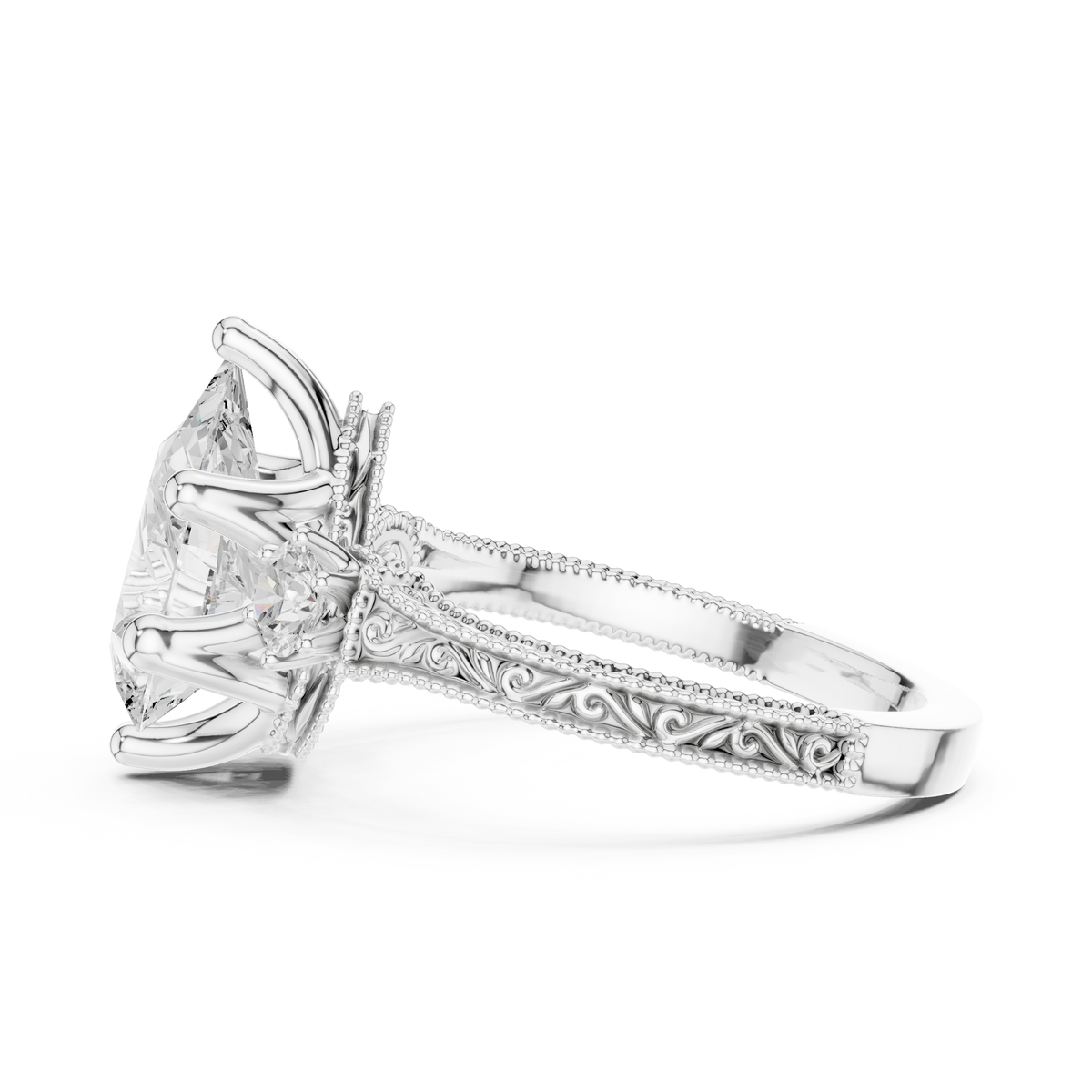 Pear Diamond Three Stone Vintage Engagement Ring – view 4 of 12, lab grown diamond ring | Jewelix Atelier