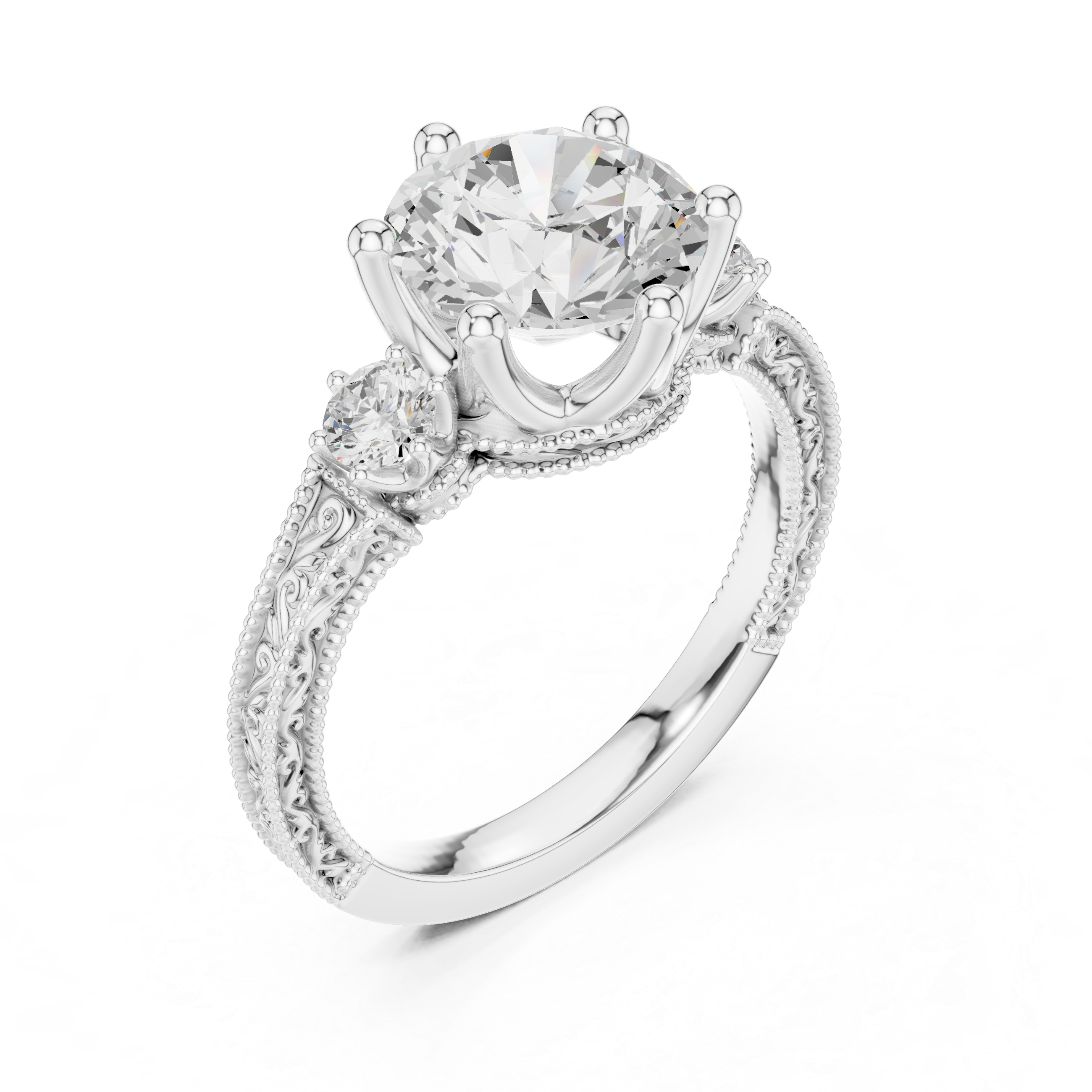 2.80 CT Round Diamond Three Stone Vintage Engagement Ring