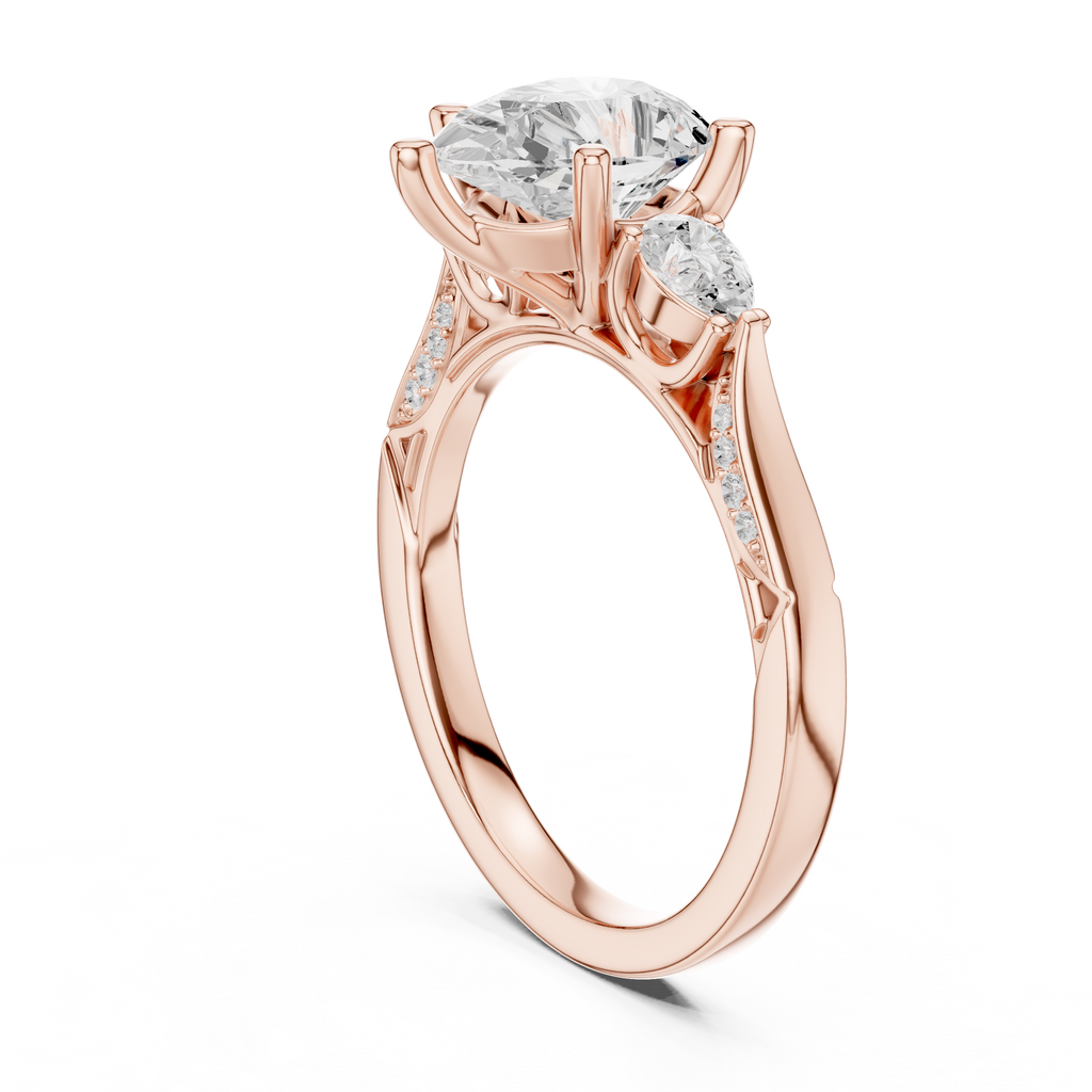 Pear Cut Vintage Three Stone Diamond Engagement Ring with Milgrain Detail