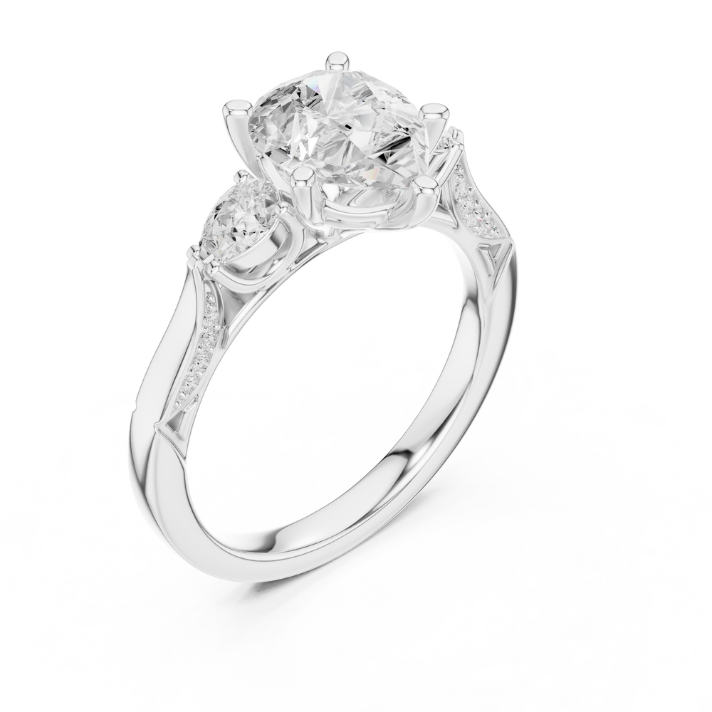 Pear Cut Vintage Three Stone Diamond Engagement Ring with Milgrain Detail