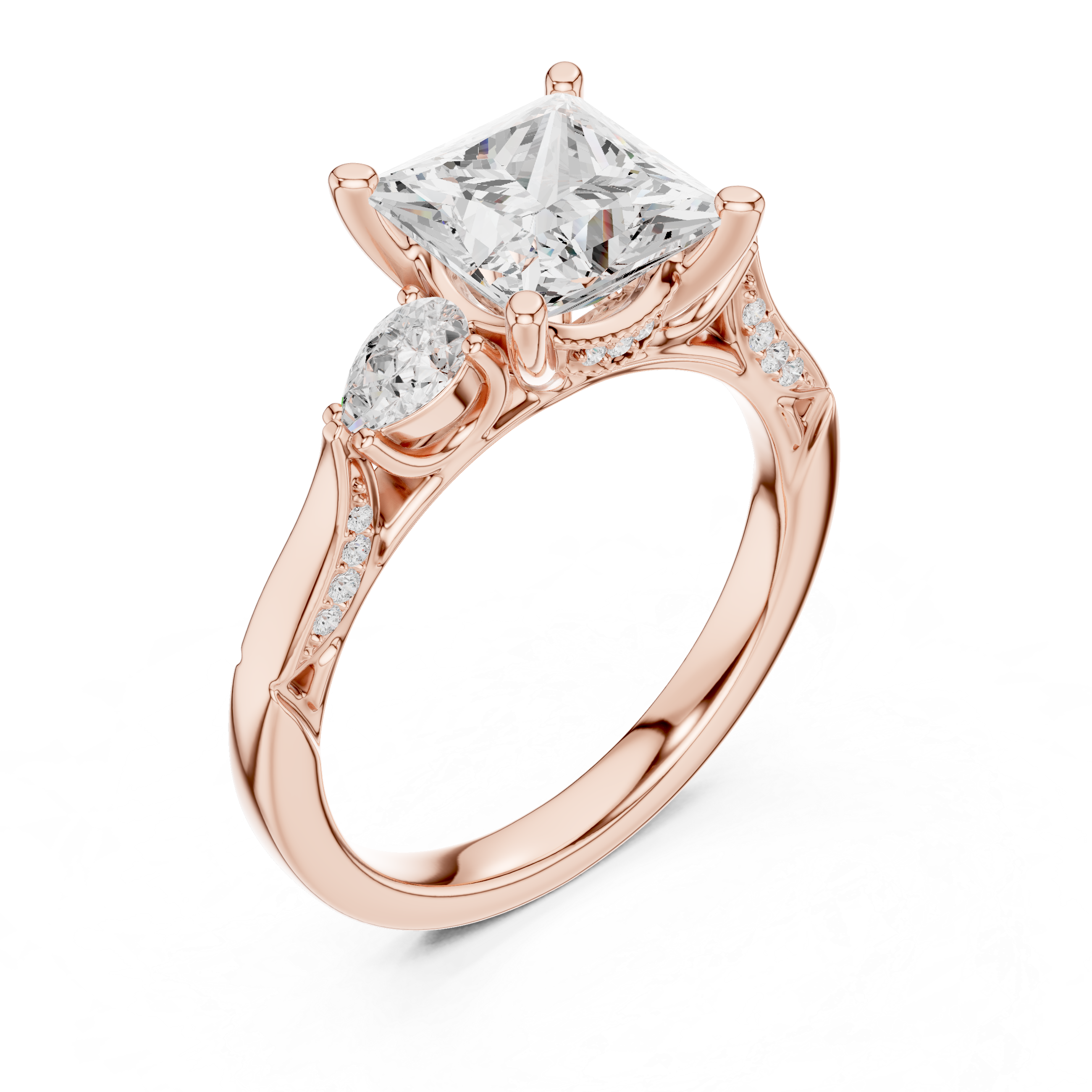 Princess Cut Vintage Three Stone Diamond Engagement Ring with Pear Side Stones