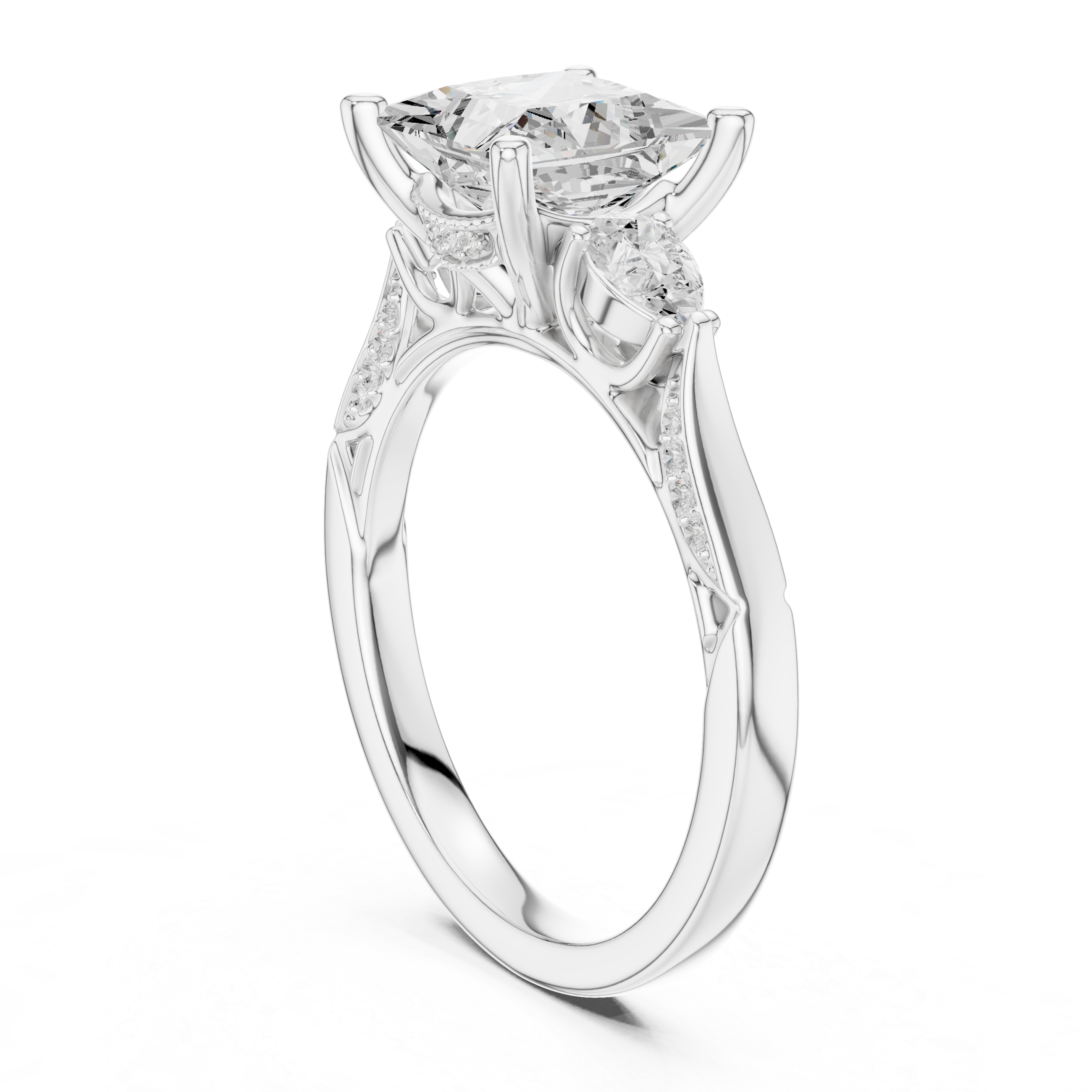 Princess Cut Vintage Three Stone Diamond Engagement Ring with Pear Side Stones