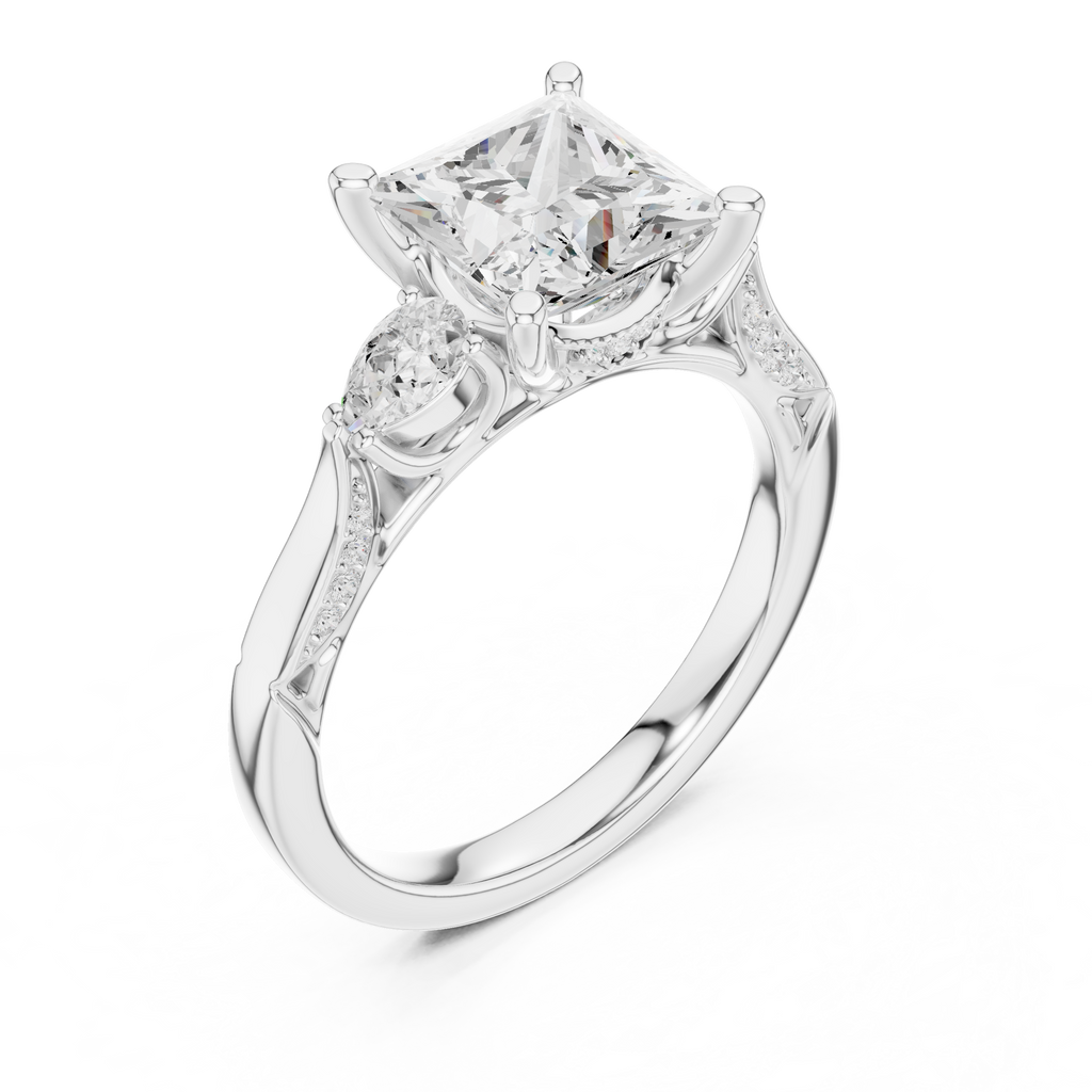 Princess Cut Vintage Three Stone Diamond Engagement Ring with Pear Side Stones