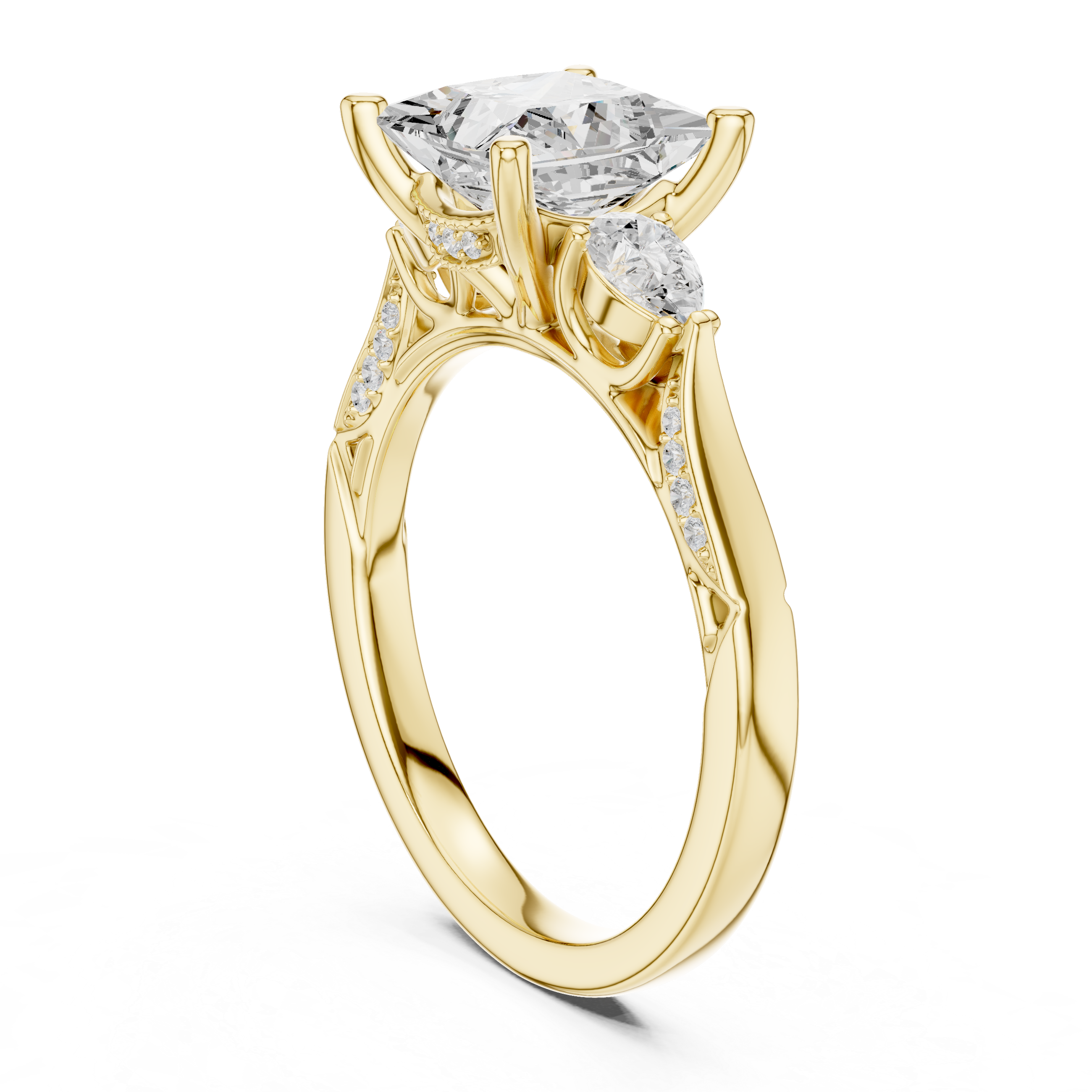 Princess Cut Vintage Three Stone Diamond Engagement Ring with Pear Side Stones