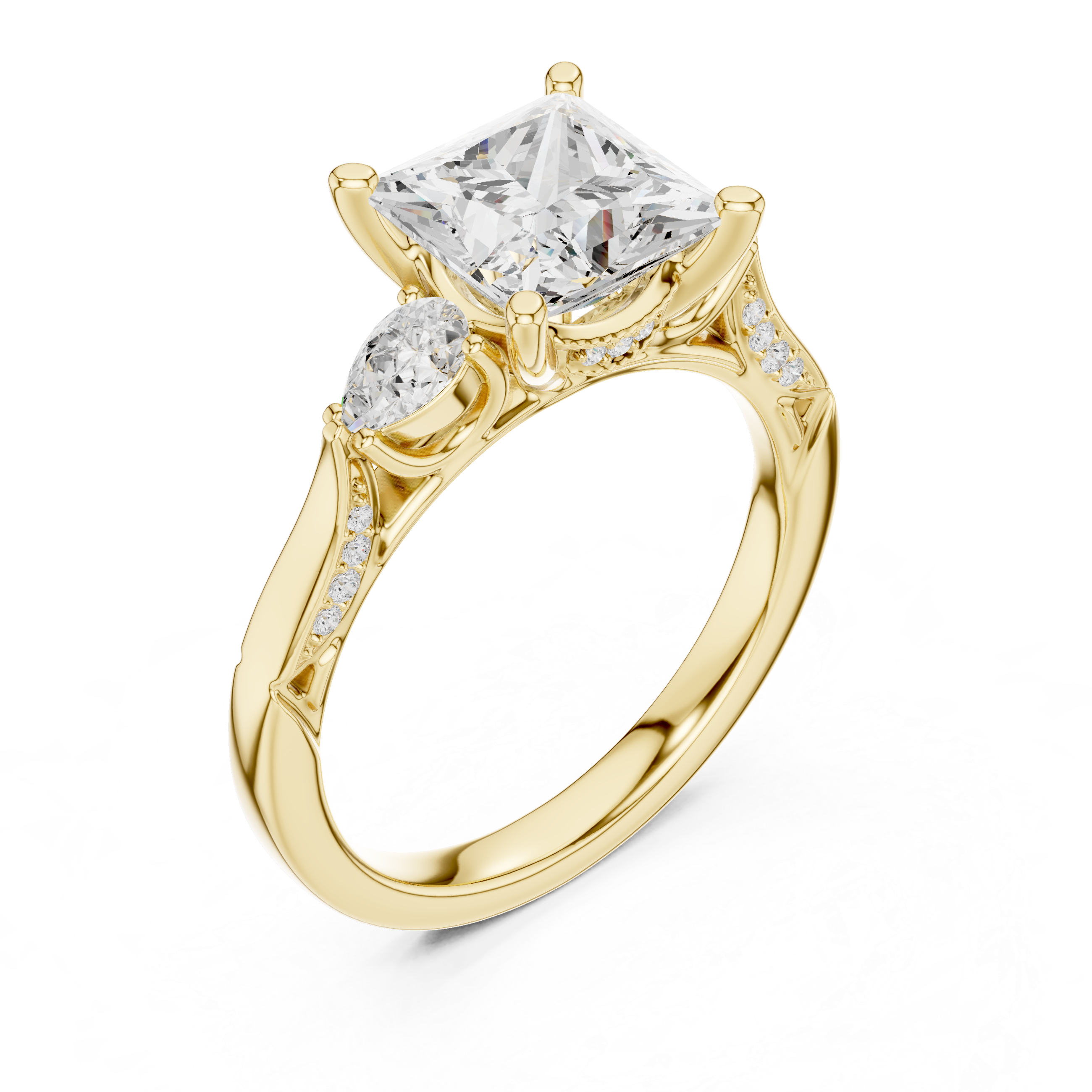 Princess Cut Vintage Three Stone Diamond Engagement Ring with Pear Side Stones