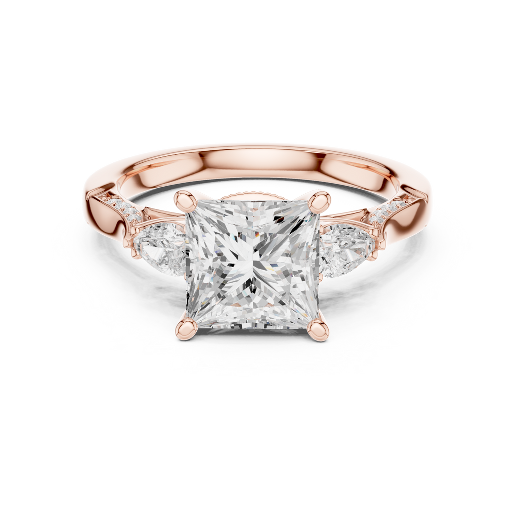 Princess Cut Vintage Three Stone Diamond Engagement Ring with Pear Side Stones