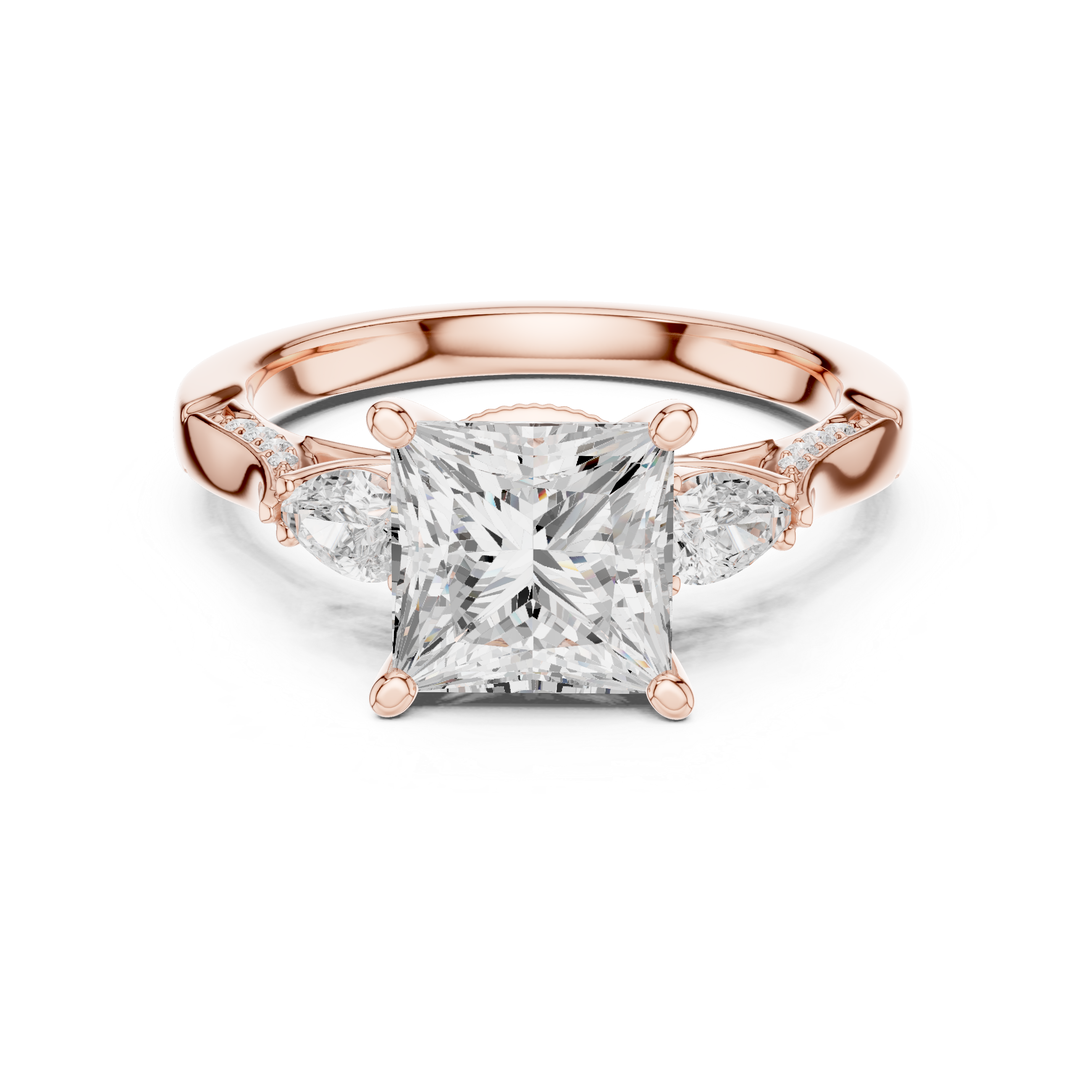 Princess Cut Vintage Three Stone Diamond Engagement Ring with Pear Side Stones