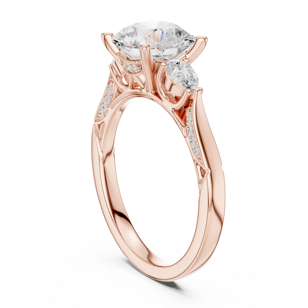 Round Brilliant Vintage Three Stone Diamond Engagement Ring with Pear Side Stones
