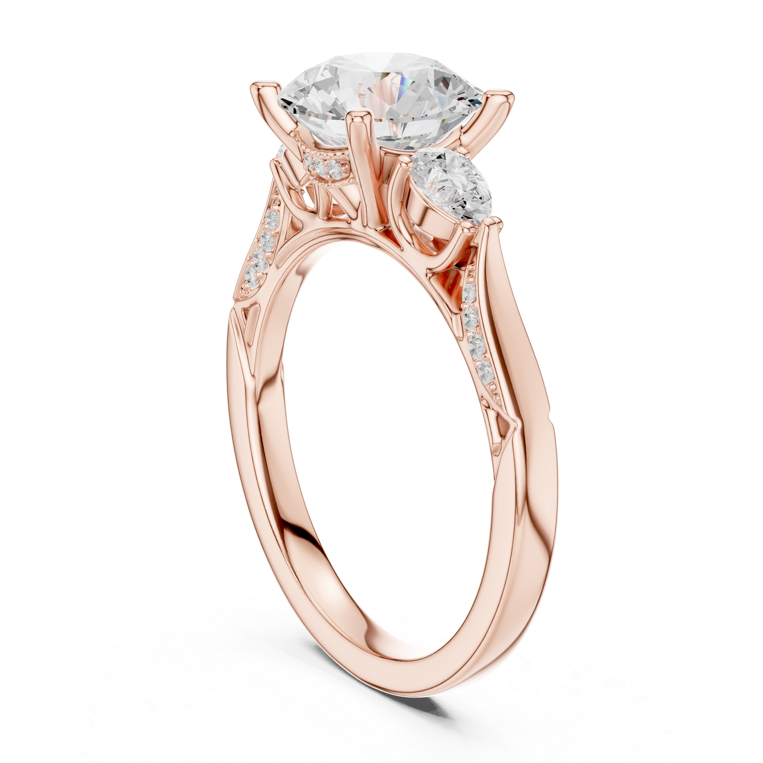 Round Brilliant Vintage Three Stone Diamond Engagement Ring with Pear Side Stones