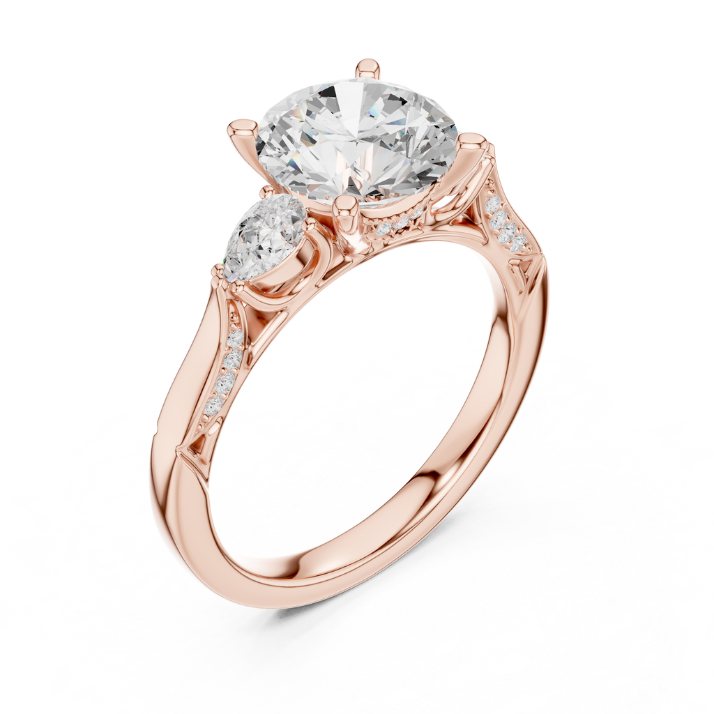 Round Brilliant Vintage Three Stone Diamond Engagement Ring with Pear Side Stones
