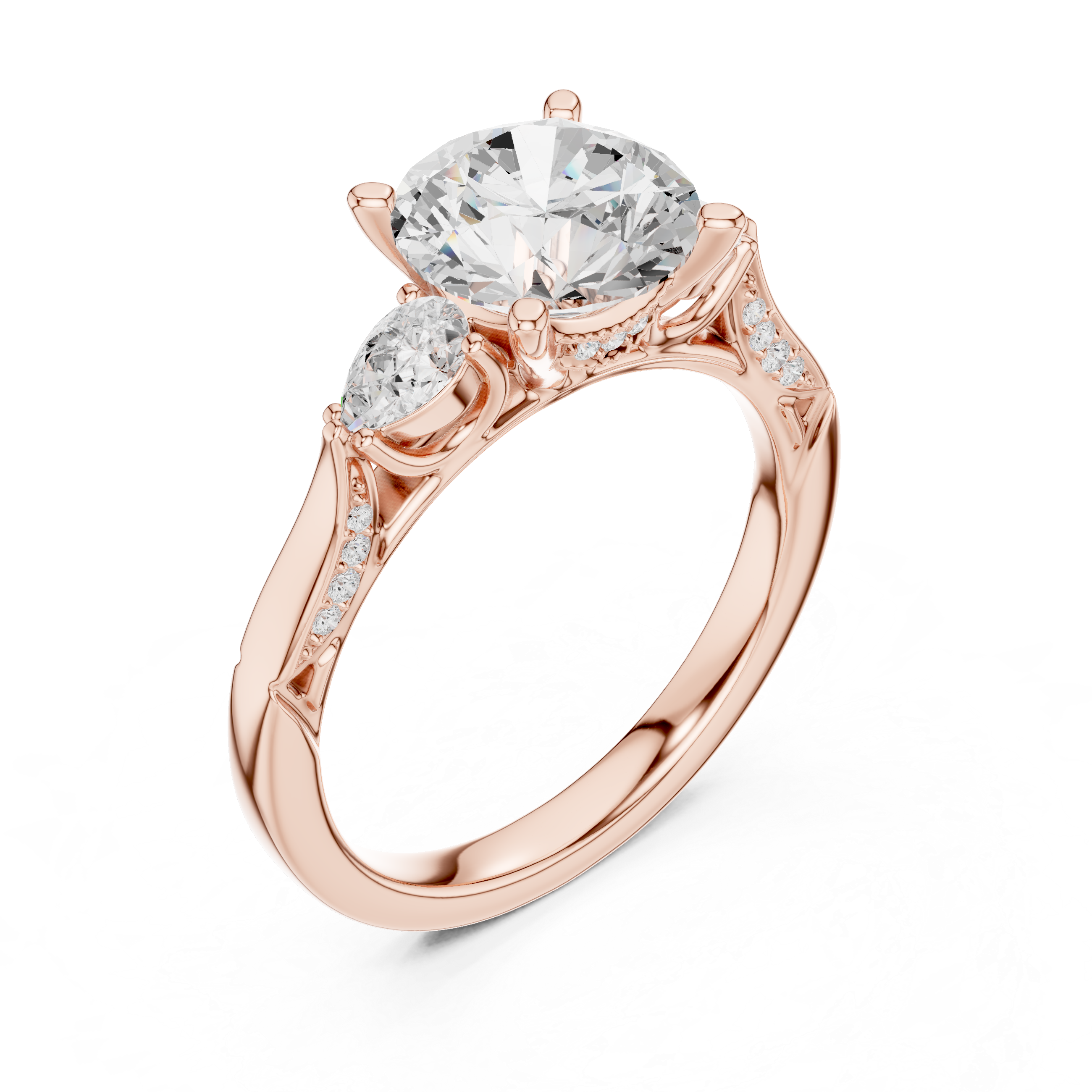Round Brilliant Vintage Three Stone Diamond Engagement Ring with Pear Side Stones