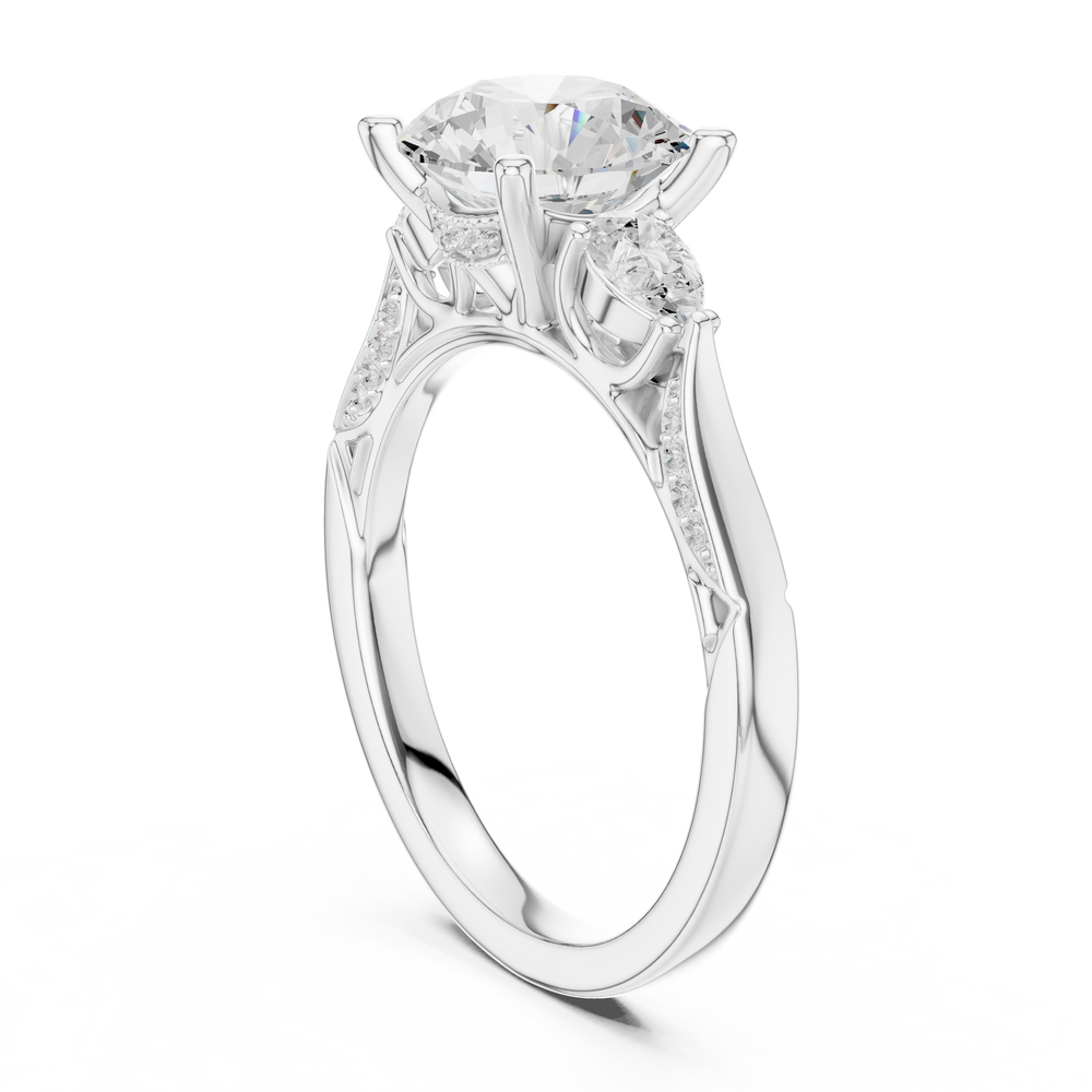 Round Brilliant Vintage Three Stone Diamond Engagement Ring with Pear Side Stones