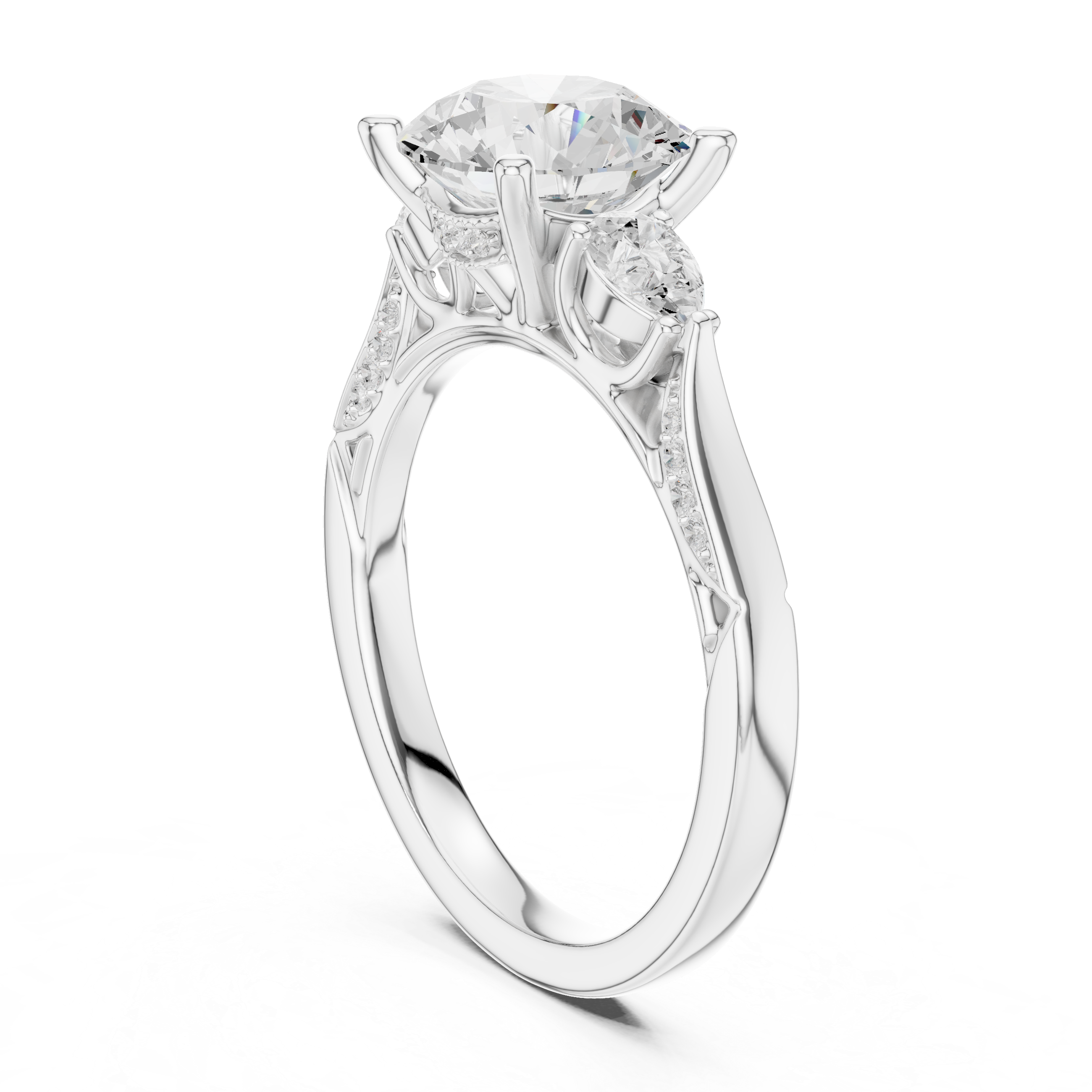Round Brilliant Vintage Three Stone Diamond Engagement Ring with Pear Side Stones