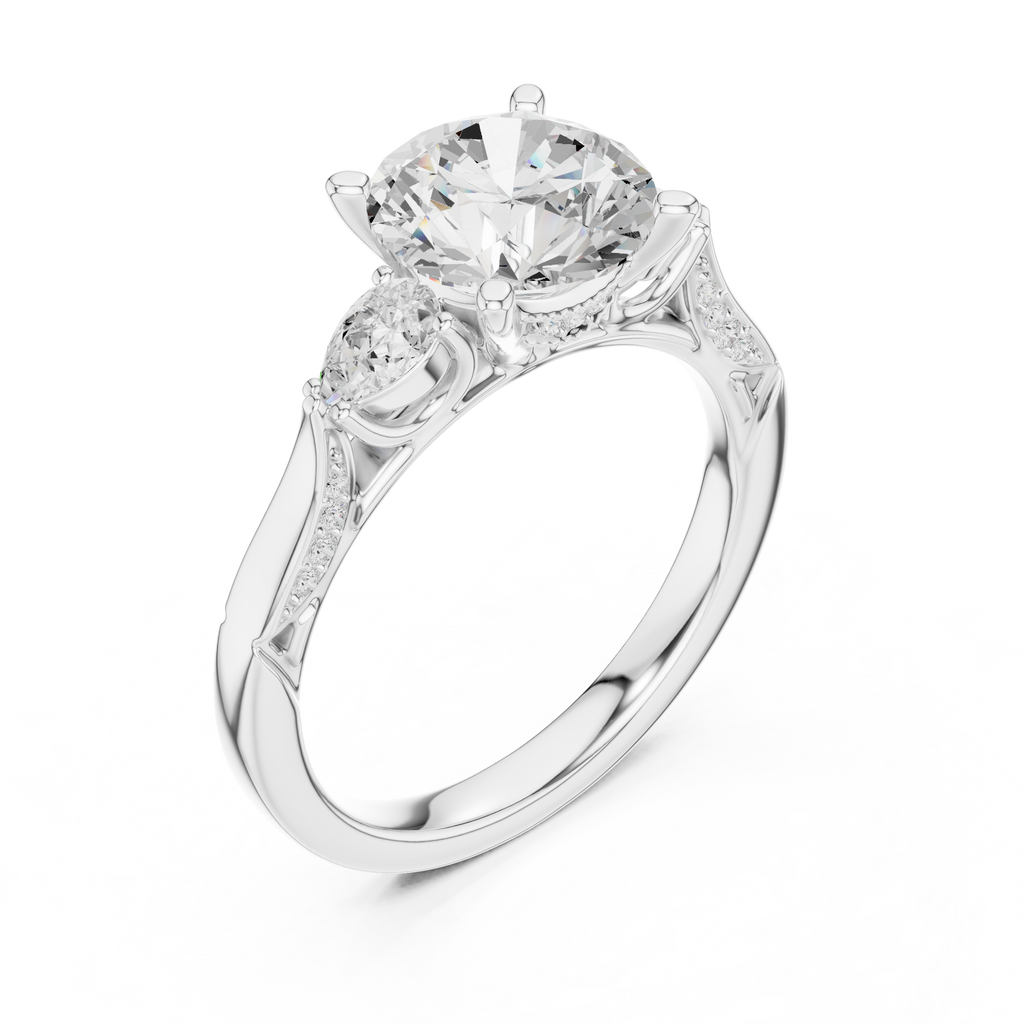 Round Brilliant Vintage Three Stone Diamond Engagement Ring with Pear Side Stones