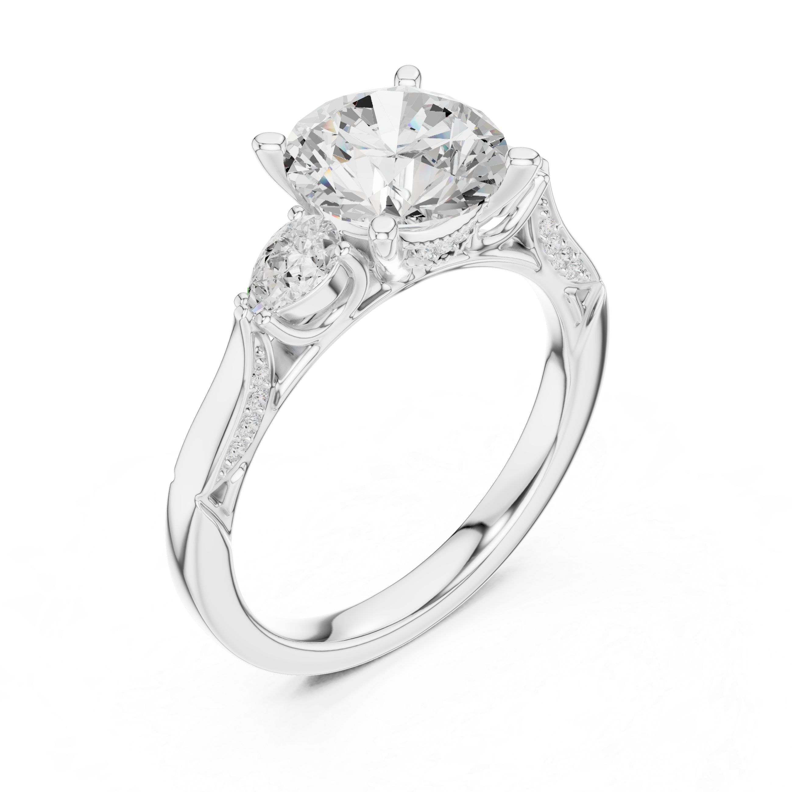 Round Brilliant Vintage Three Stone Diamond Engagement Ring with Pear Side Stones