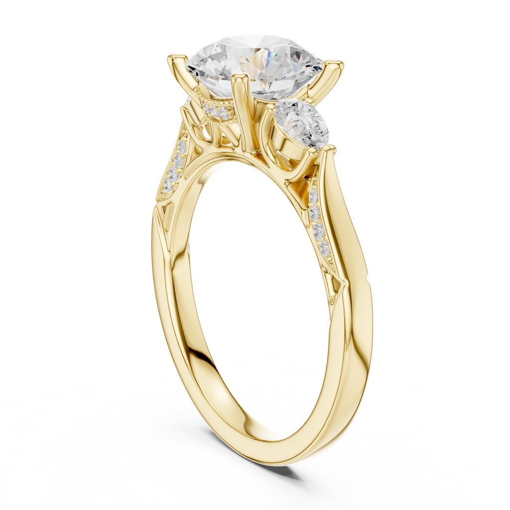 Round Brilliant Vintage Three Stone Diamond Engagement Ring with Pear Side Stones