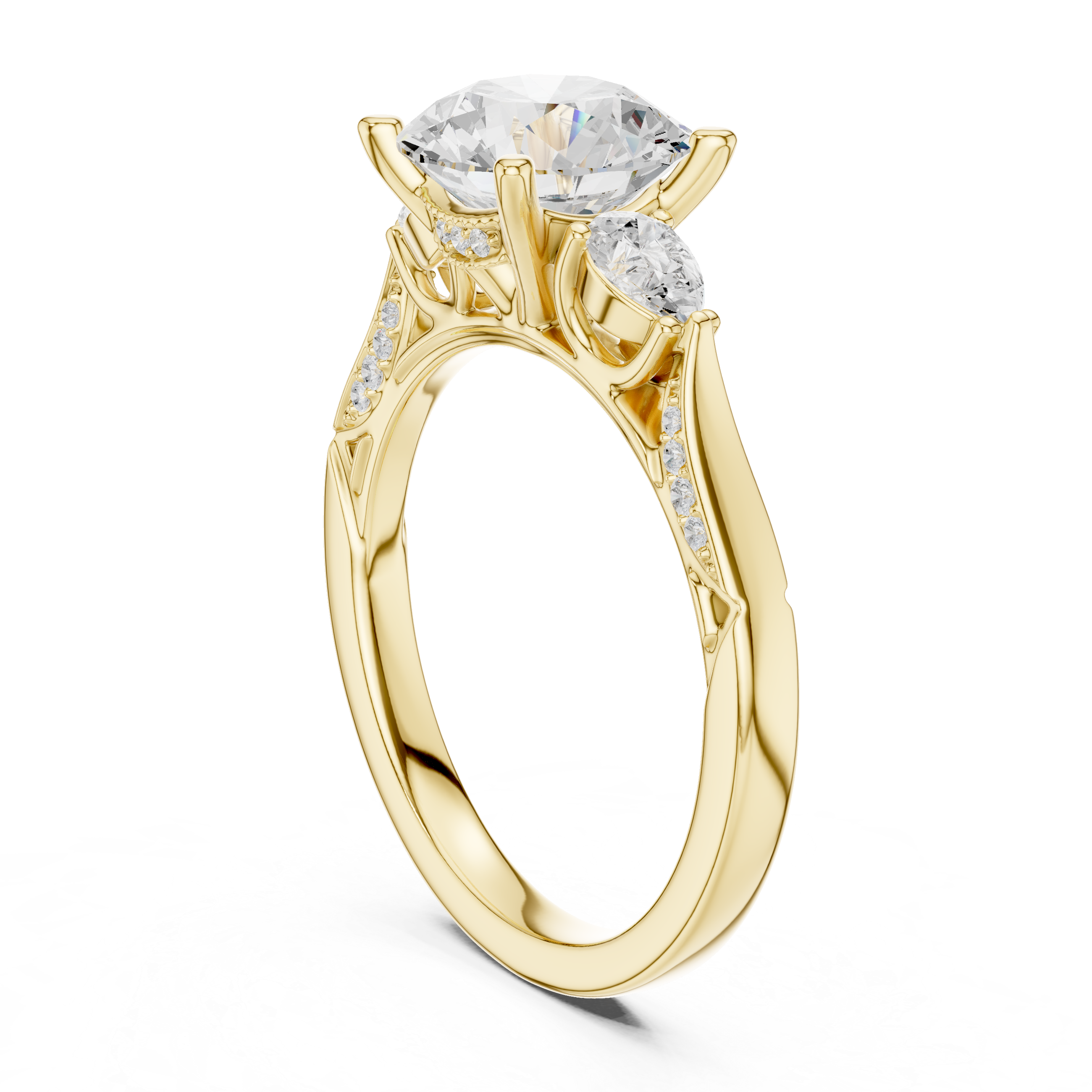 Round Brilliant Vintage Three Stone Diamond Engagement Ring with Pear Side Stones