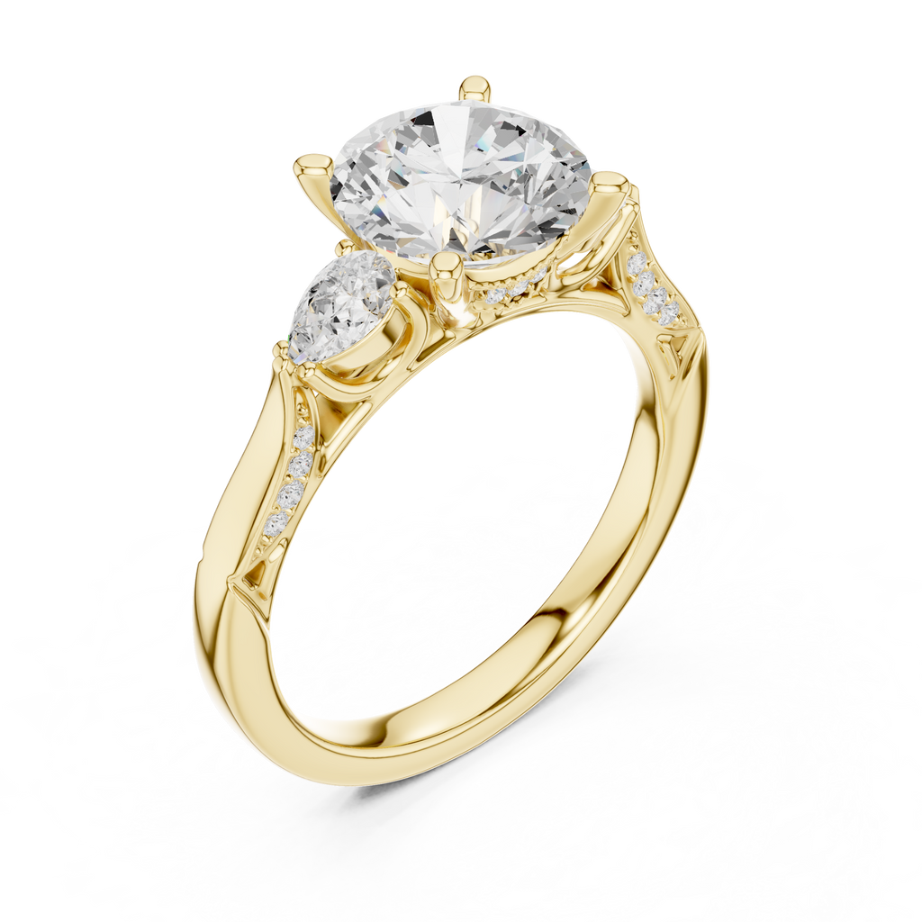 Round Brilliant Vintage Three Stone Diamond Engagement Ring with Pear Side Stones
