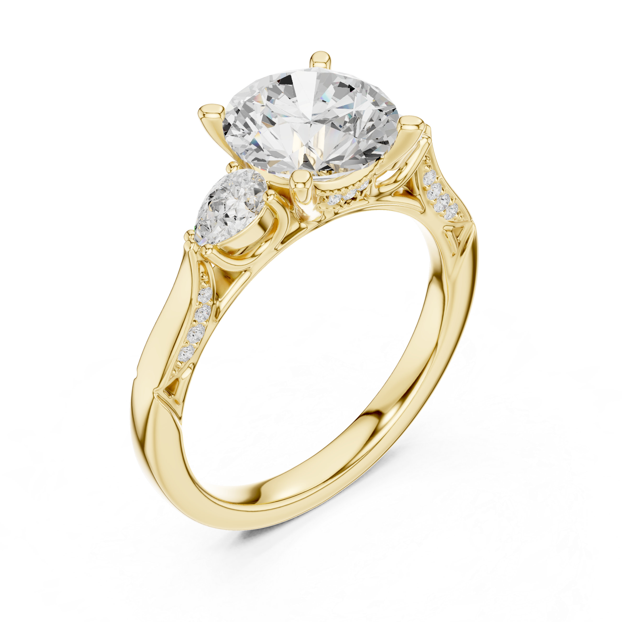 Round Brilliant Vintage Three Stone Diamond Engagement Ring with Pear Side Stones