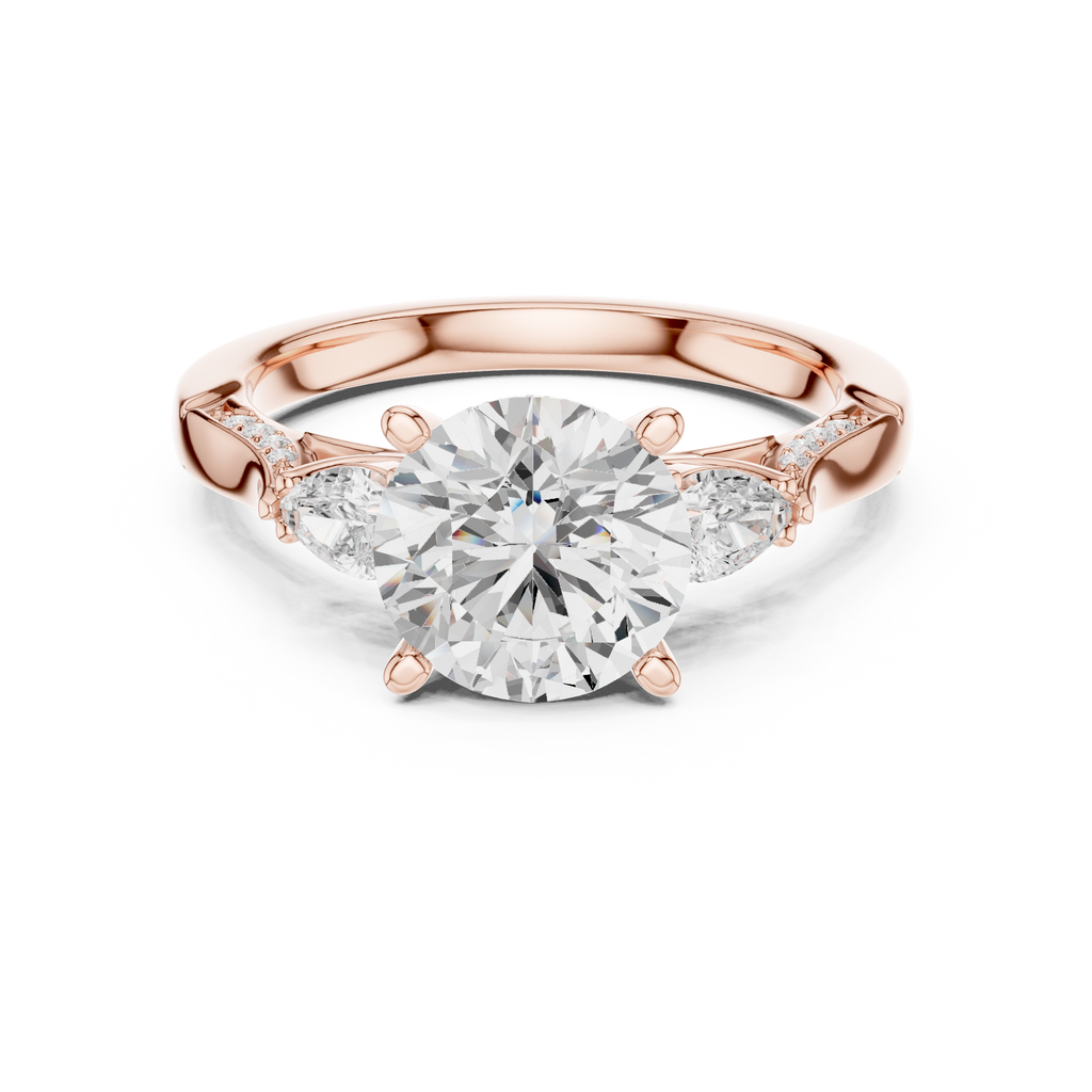 Round Brilliant Vintage Three Stone Diamond Engagement Ring with Pear Side Stones