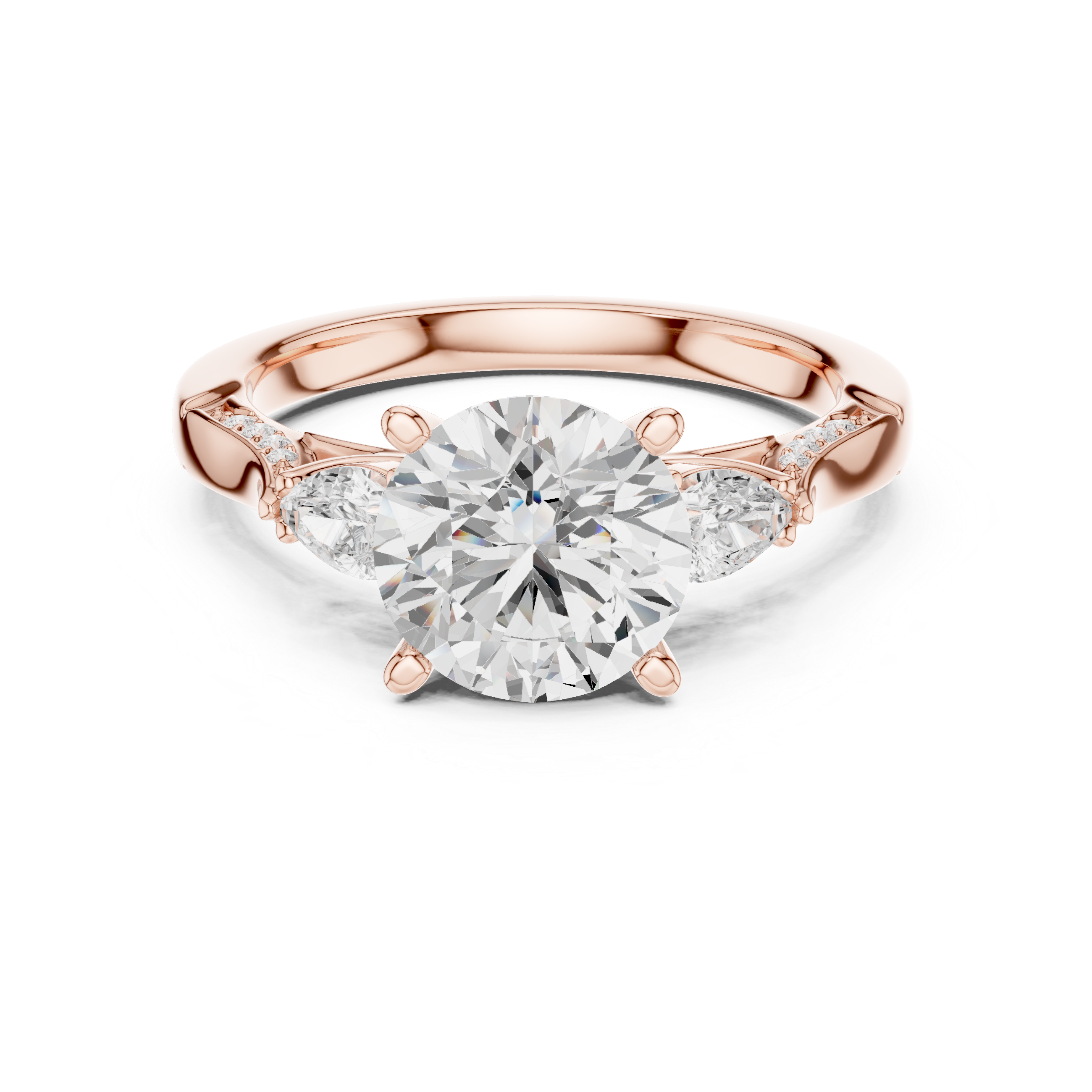 Round Brilliant Vintage Three Stone Diamond Engagement Ring with Pear Side Stones