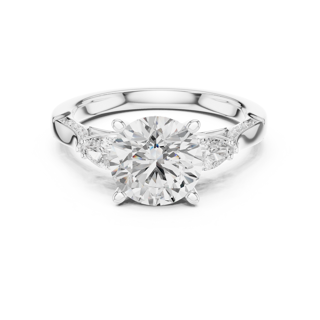 Round Brilliant Vintage Three Stone Diamond Engagement Ring with Pear Side Stones