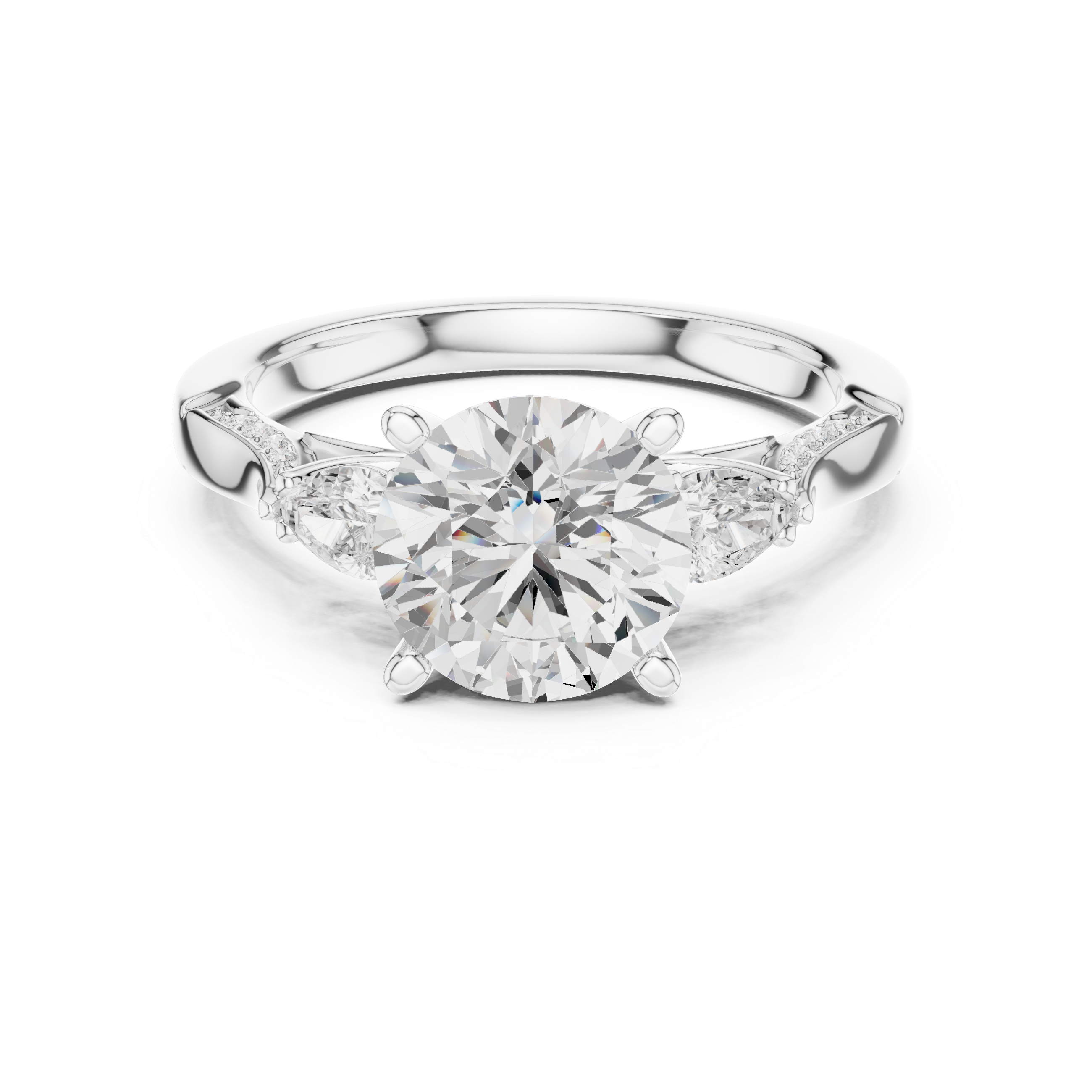 Round Brilliant Vintage Three Stone Diamond Engagement Ring with Pear Side Stones