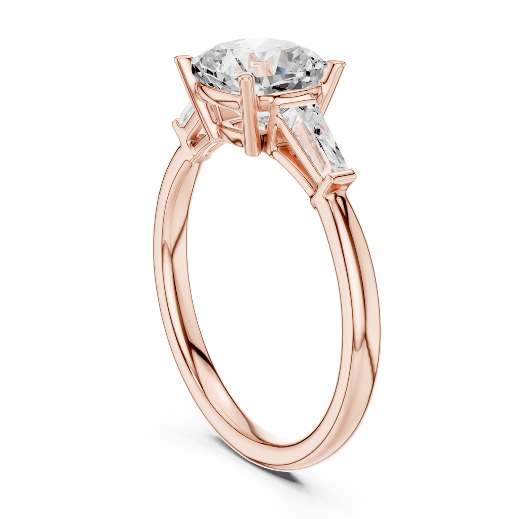 Cushion Cut Three Stone Diamond Engagement Ring with Tapered Baguette Side Stones