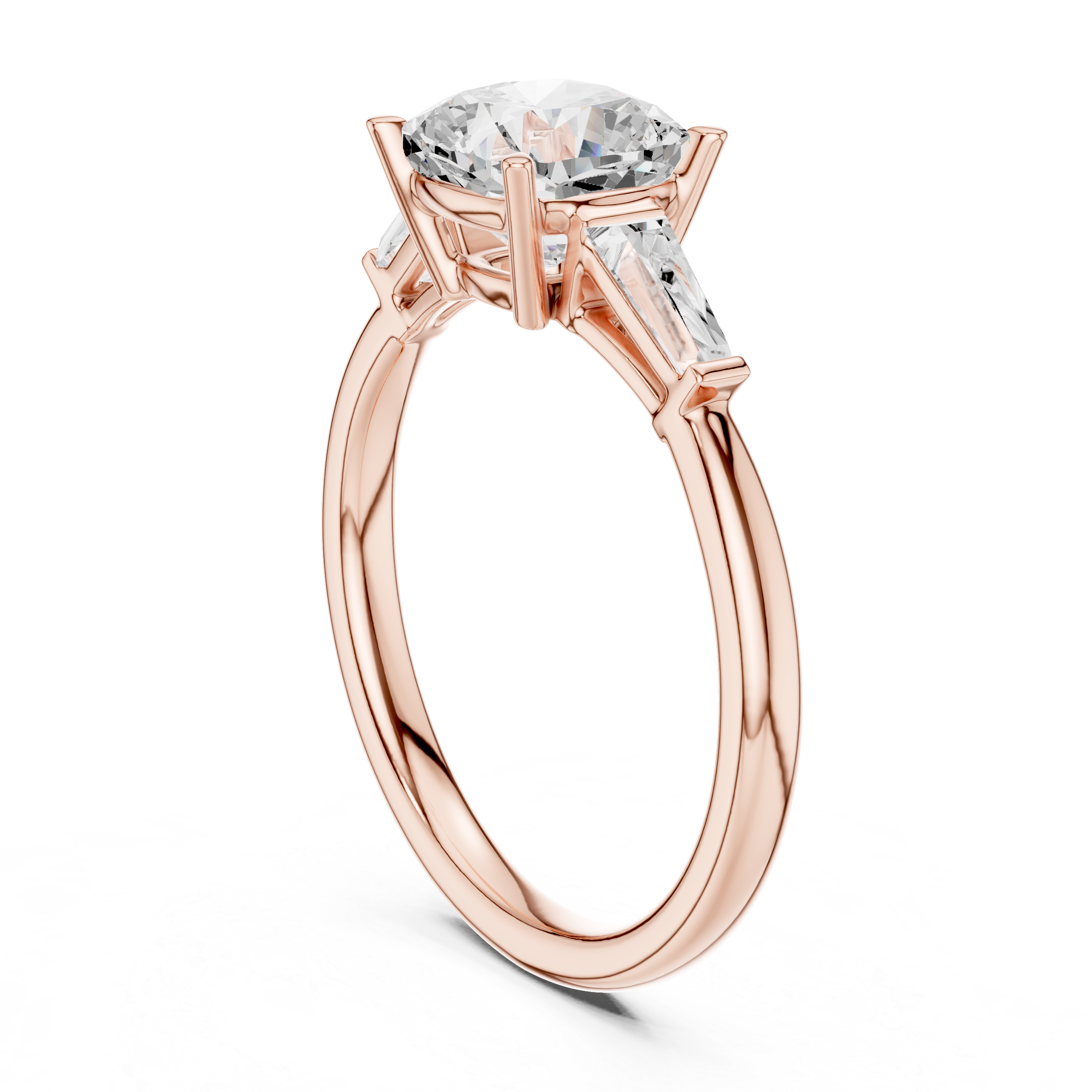 Cushion Cut Three Stone Diamond Engagement Ring with Tapered Baguette Side Stones