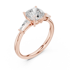 Cushion Cut Three Stone Diamond Engagement Ring with Tapered Baguette Side Stones