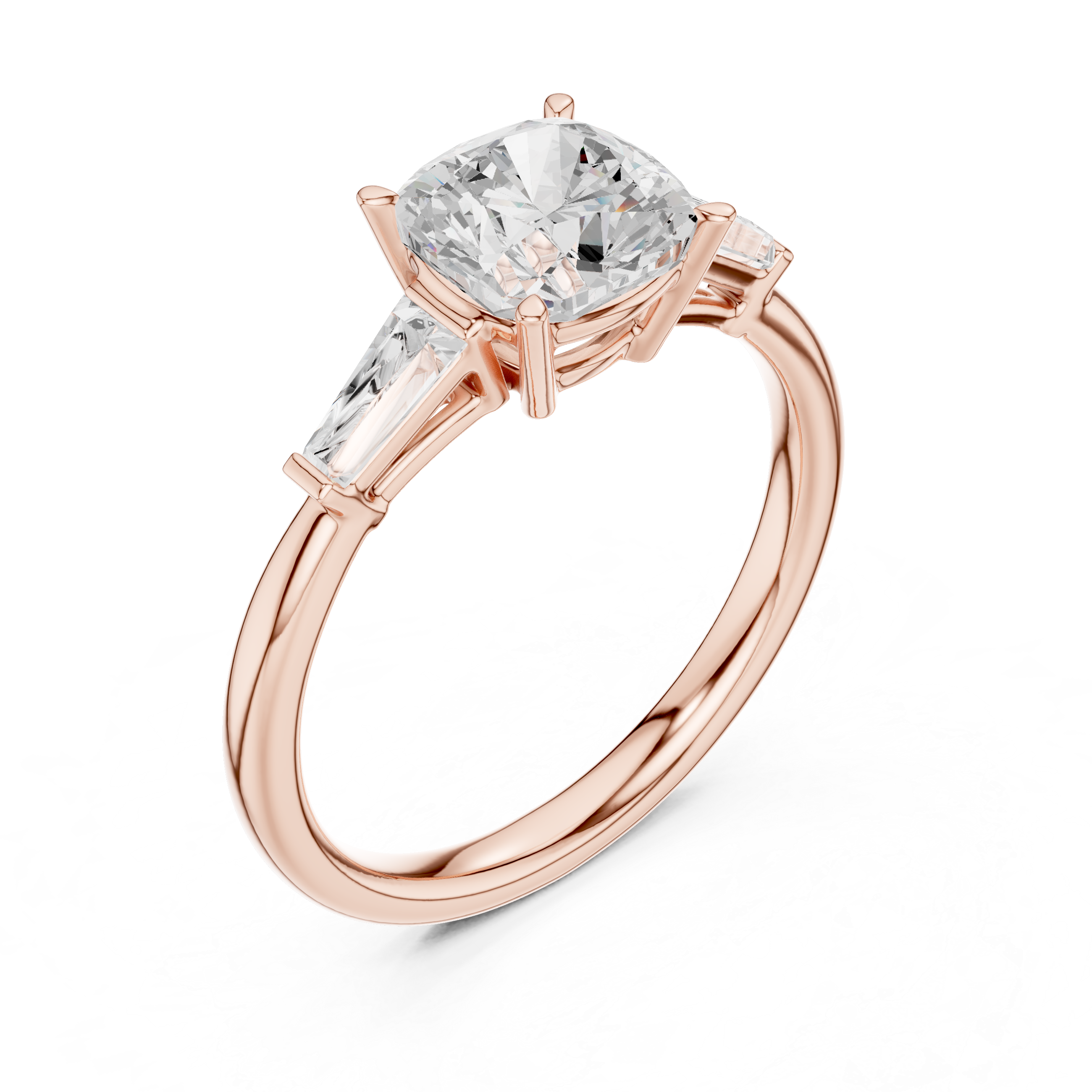 Cushion Cut Three Stone Diamond Engagement Ring with Tapered Baguette Side Stones