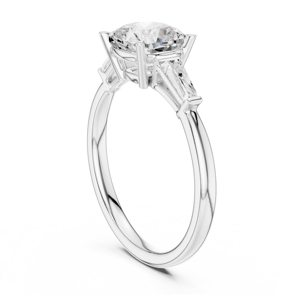 Cushion Cut Three Stone Diamond Engagement Ring with Tapered Baguette Side Stones