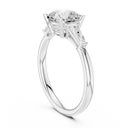 Cushion Cut Three Stone Diamond Engagement Ring with Tapered Baguette Side Stones