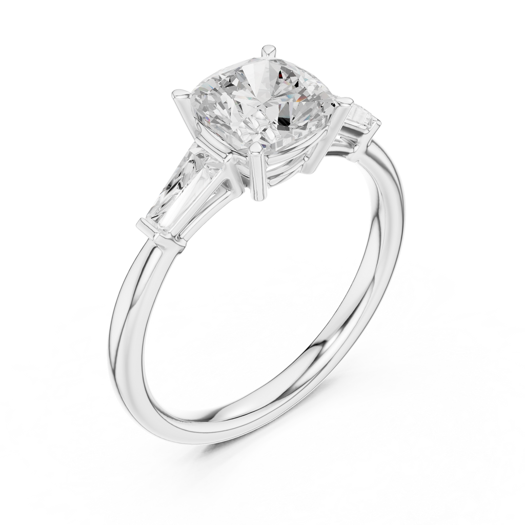 Cushion Cut Three Stone Diamond Engagement Ring with Tapered Baguette Side Stones