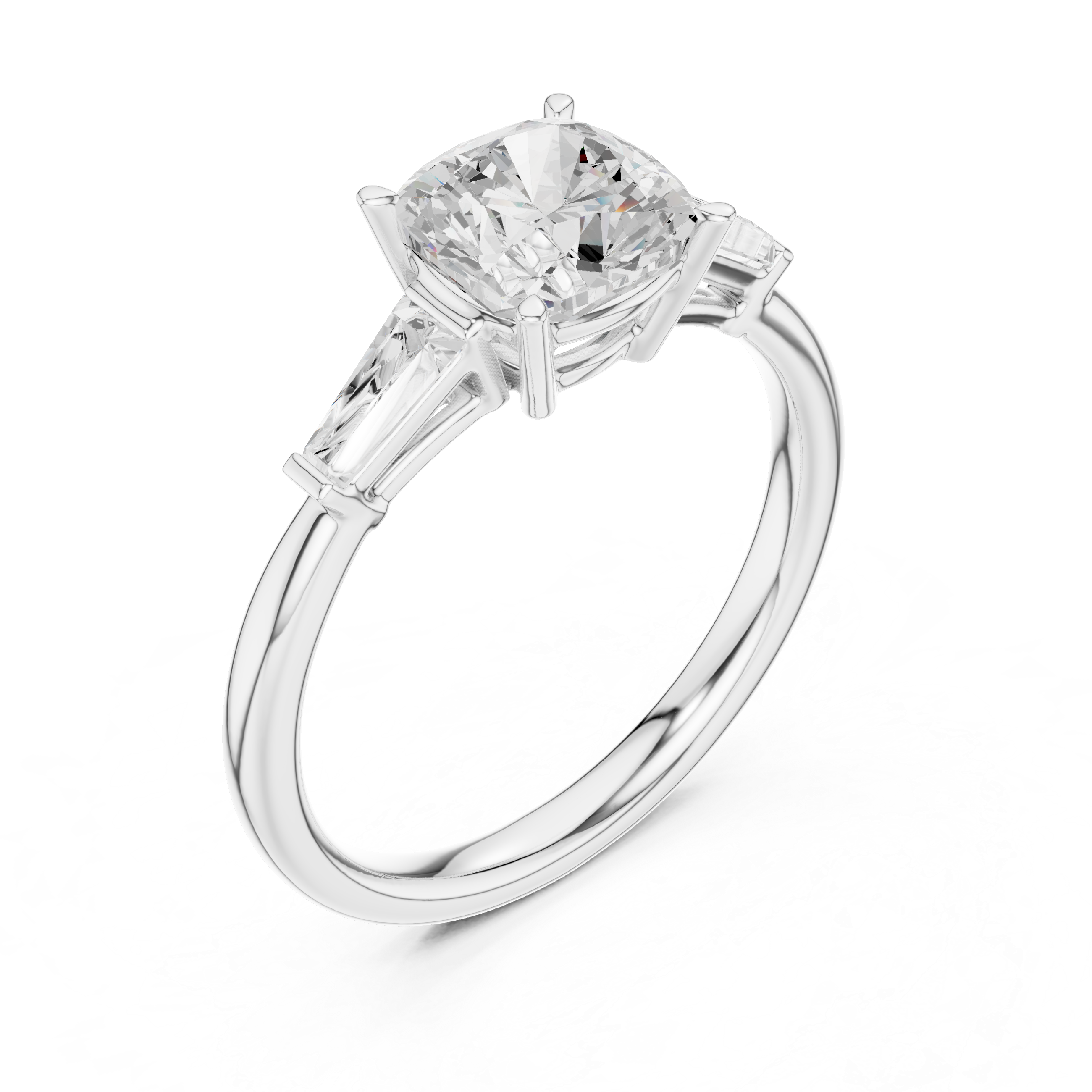 Cushion Cut Three Stone Diamond Engagement Ring with Tapered Baguette Side Stones