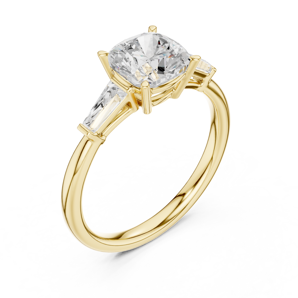 Cushion Cut Three Stone Diamond Engagement Ring with Tapered Baguette Side Stones