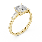 Cushion Cut Three Stone Diamond Engagement Ring with Tapered Baguette Side Stones
