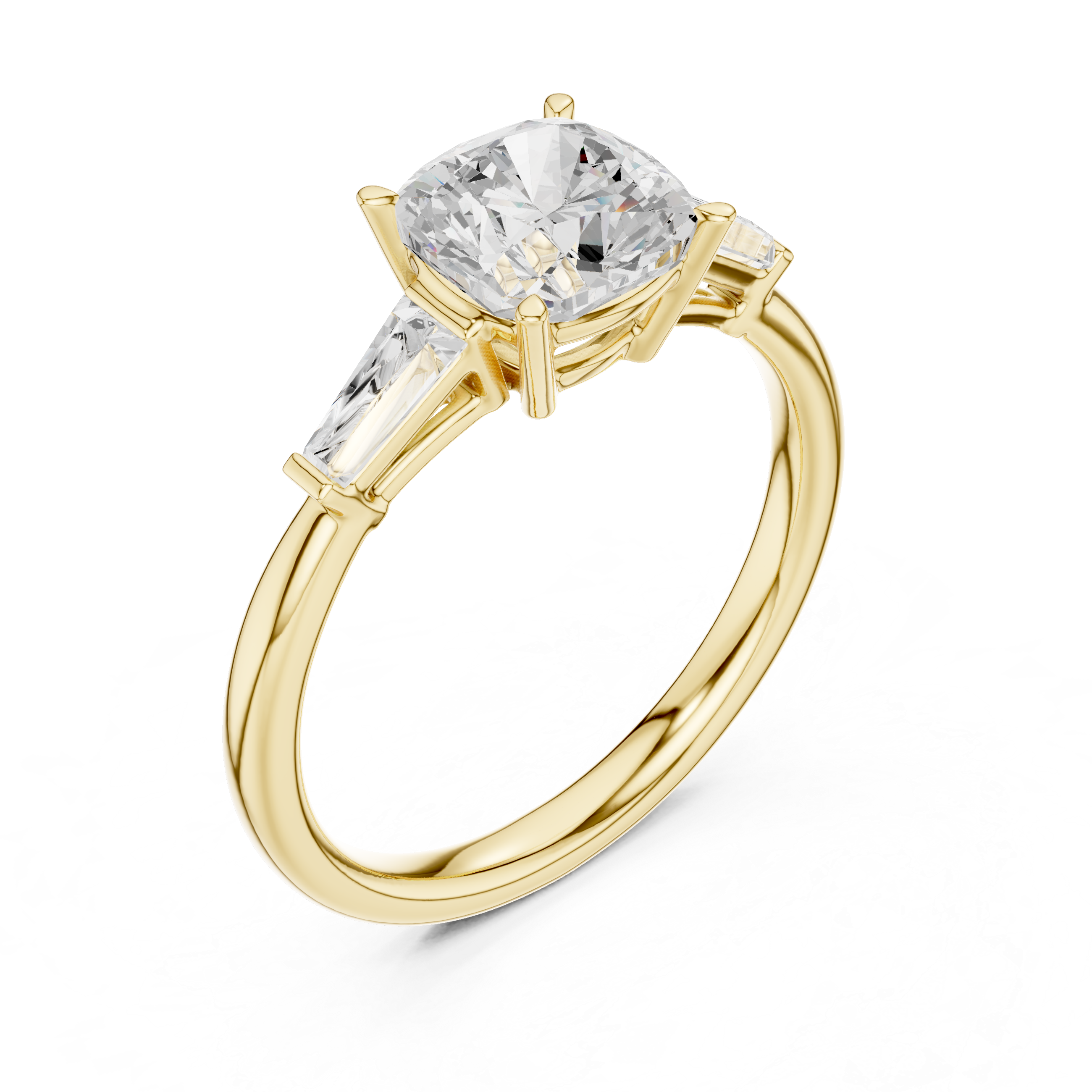 Cushion Cut Three Stone Diamond Engagement Ring with Tapered Baguette Side Stones