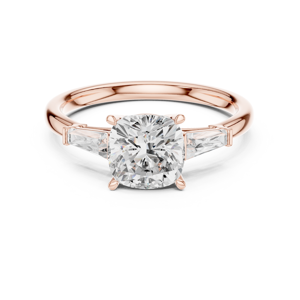 Cushion Cut Three Stone Diamond Engagement Ring with Tapered Baguette Side Stones