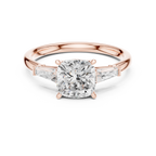 Cushion Cut Three Stone Diamond Engagement Ring with Tapered Baguette Side Stones